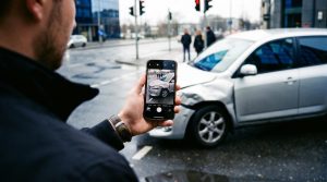 Over-the-shoulder view of a person using a smartphone to photograph a damaged silver car at a city intersection after a collision.
