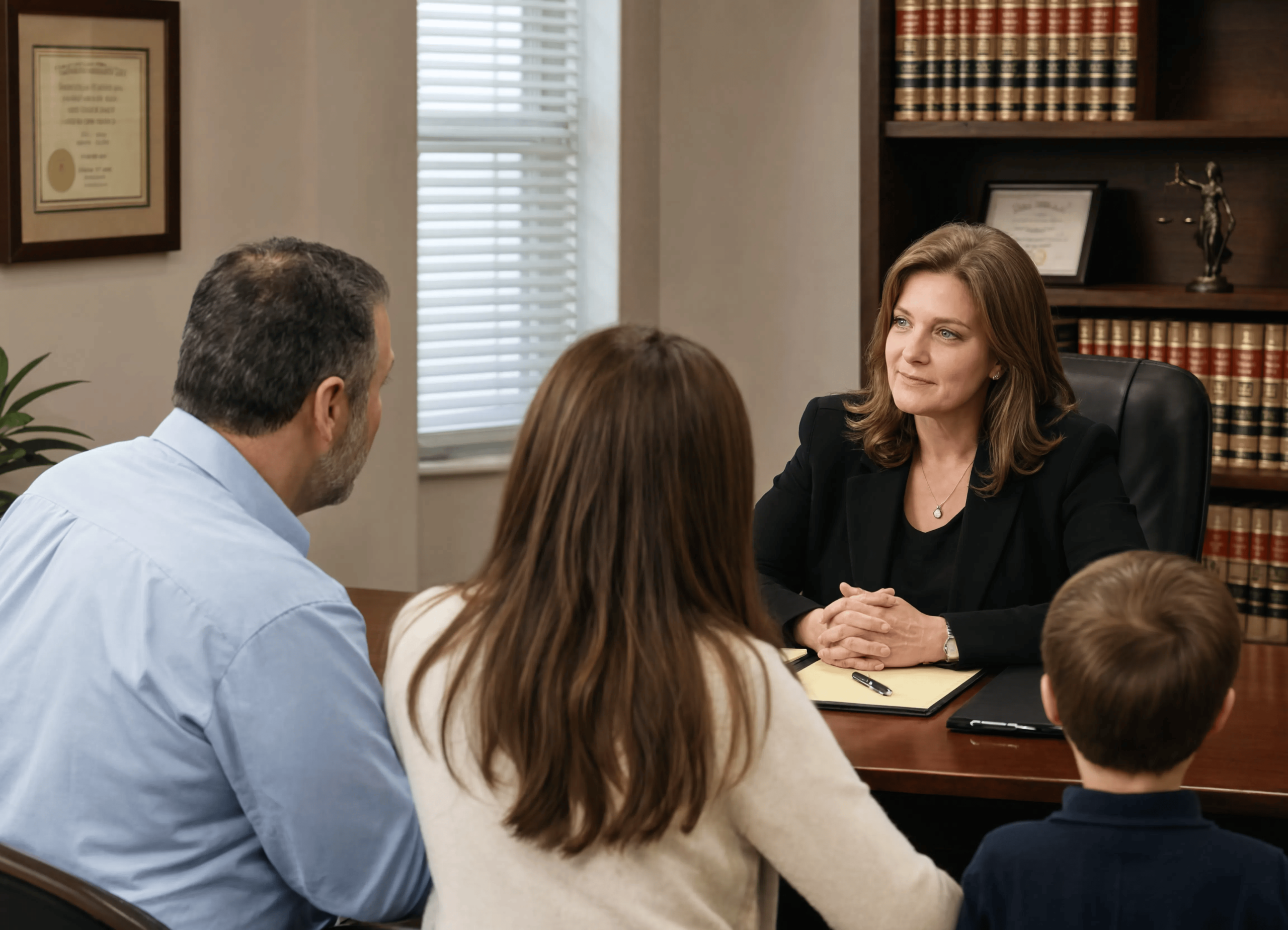 A family of four sits across the desk from a female attorney in her office, lined with law books and certificates, during a consultation.
