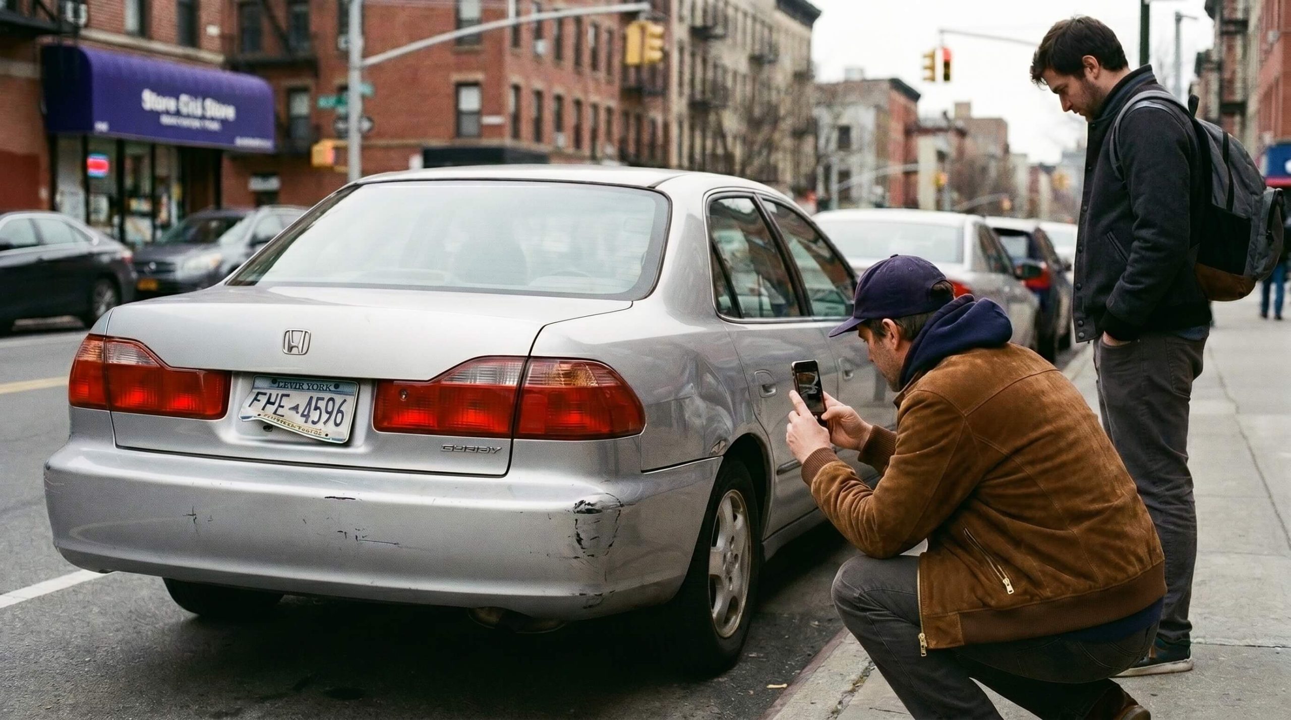A man crouches on a city sidewalk to photograph damage on a parked silver Honda sedan, while another man with a backpack looks on.
