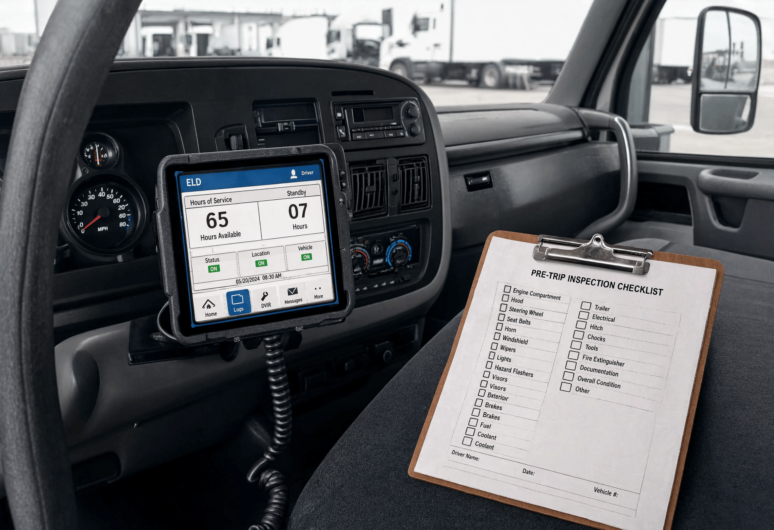 Inside a semi-truck cab, an ELD device mounted on the dashboard displays hours of service data, next to a clipboard with a pre-trip inspection checklist, parked at a truck depot.