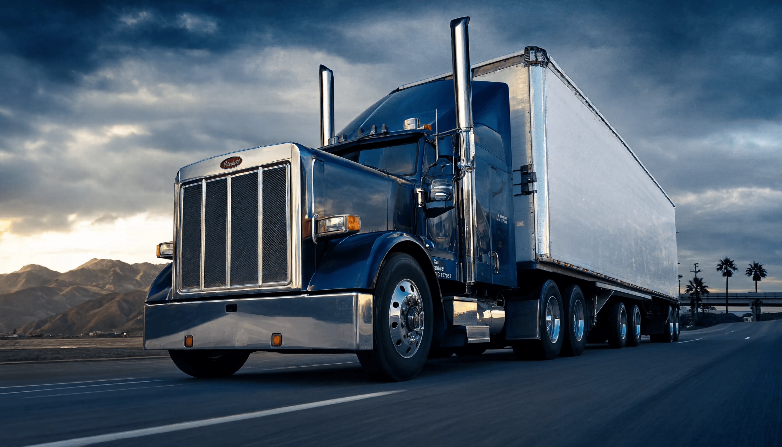 A large semi-truck with a chrome Peterbilt cab and silver trailer driving on a freeway at dusk, with mountains in the background.