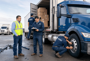 At a truck depot, a man in a safety vest watches a supervisor with a clipboard while a maintenance worker inspects the wheel of a blue semi-truck and another worker loads boxes into a trailer labeled 'Cargo Logistics'.