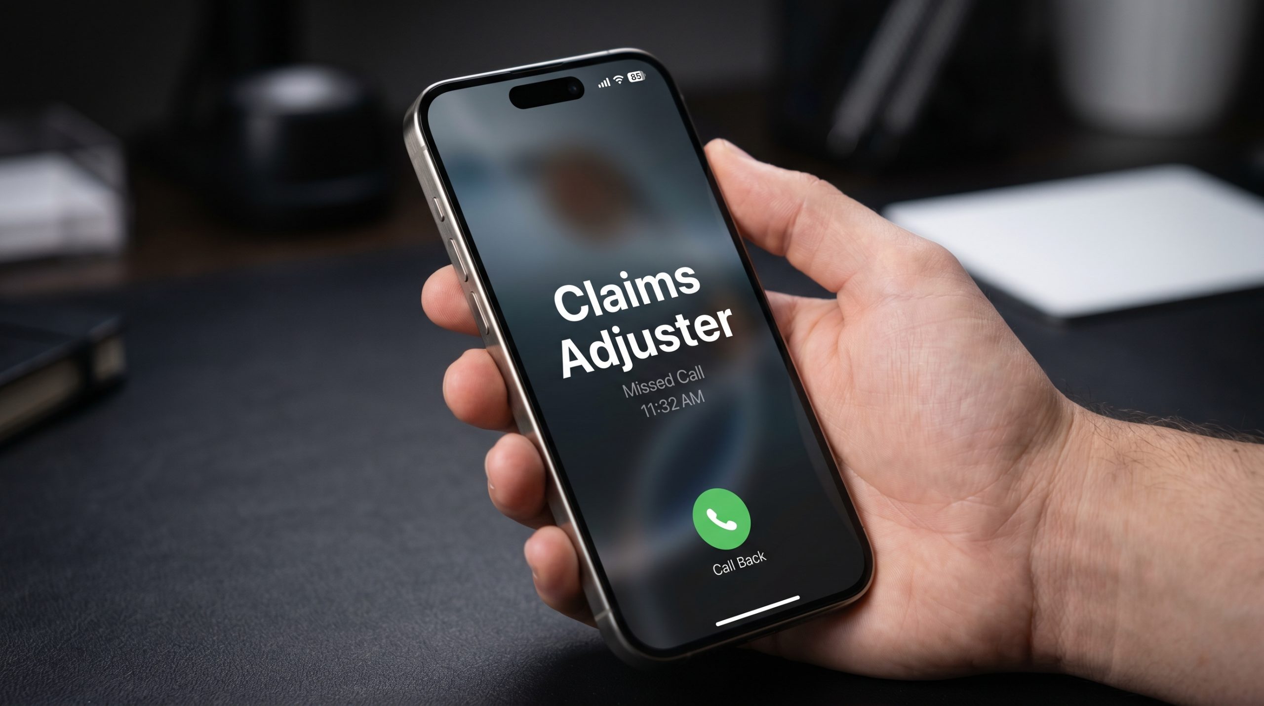 Hand holding smartphone displaying missed call from insurance claims adjuster