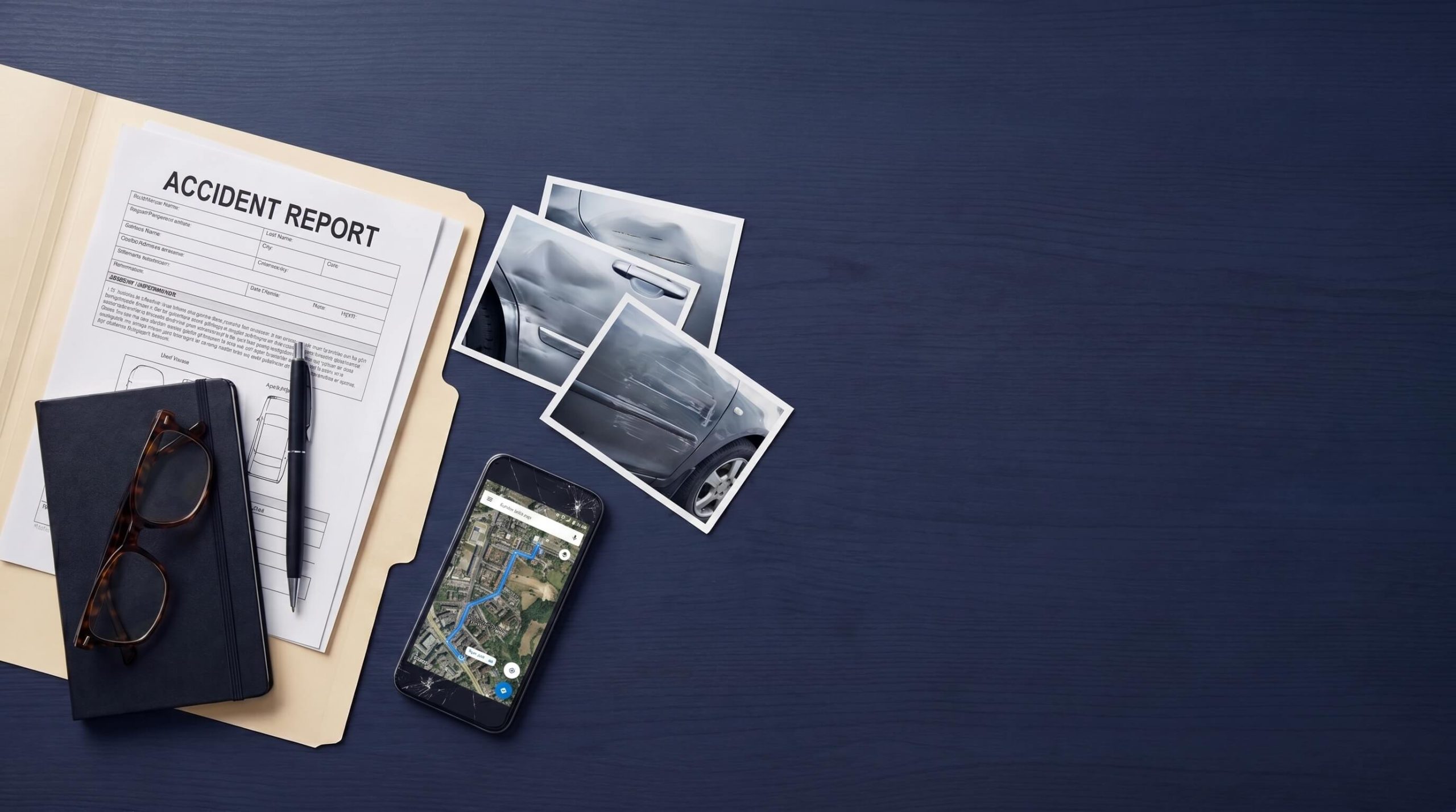 Accident report, photos, and smartphone map illustrating injury claim evidence and liability disputes.