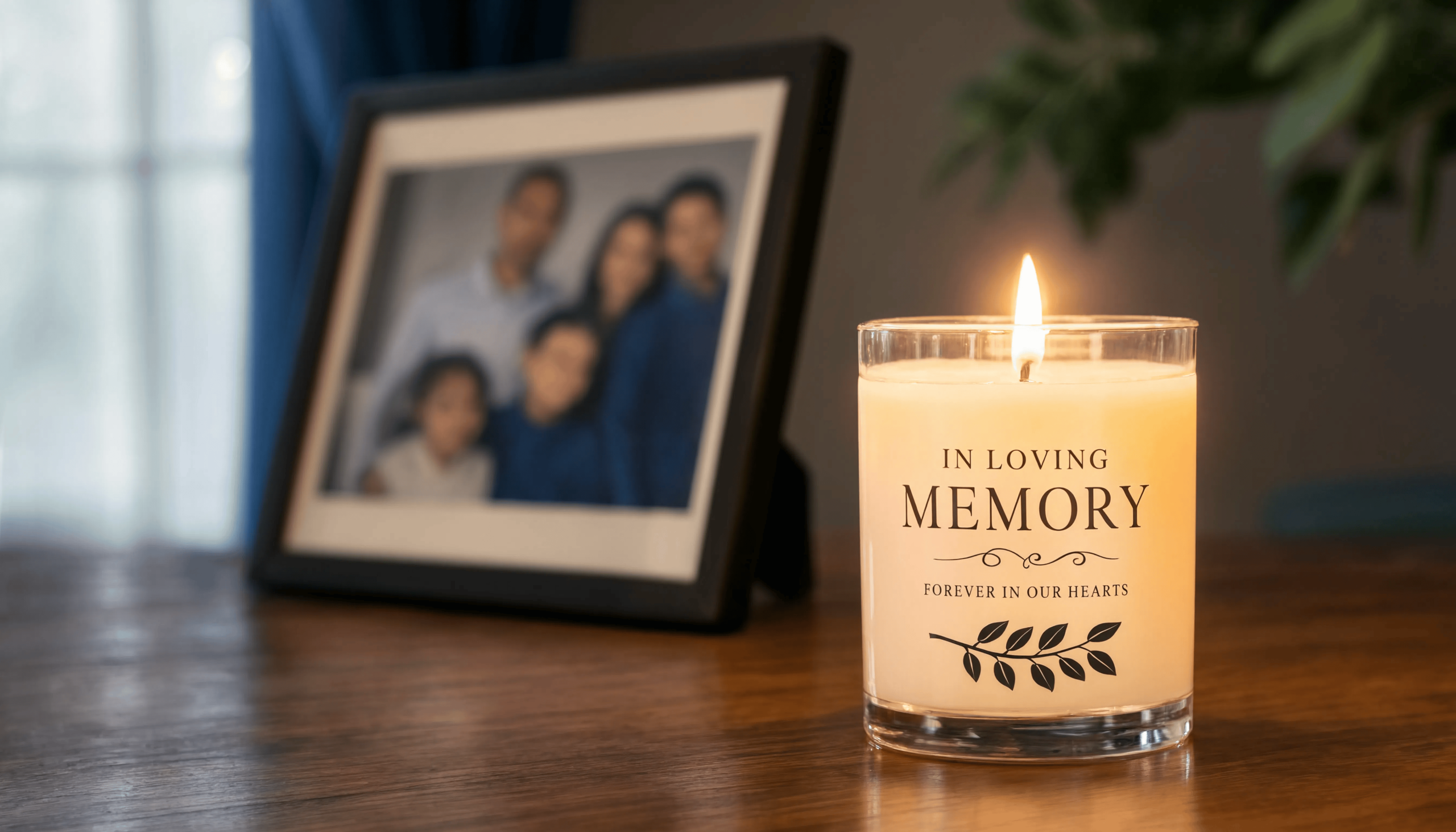 A lit memorial candle reading 'In Loving Memory, Forever in Our Hearts' on a wooden table, with a framed family photo softly blurred in the background.