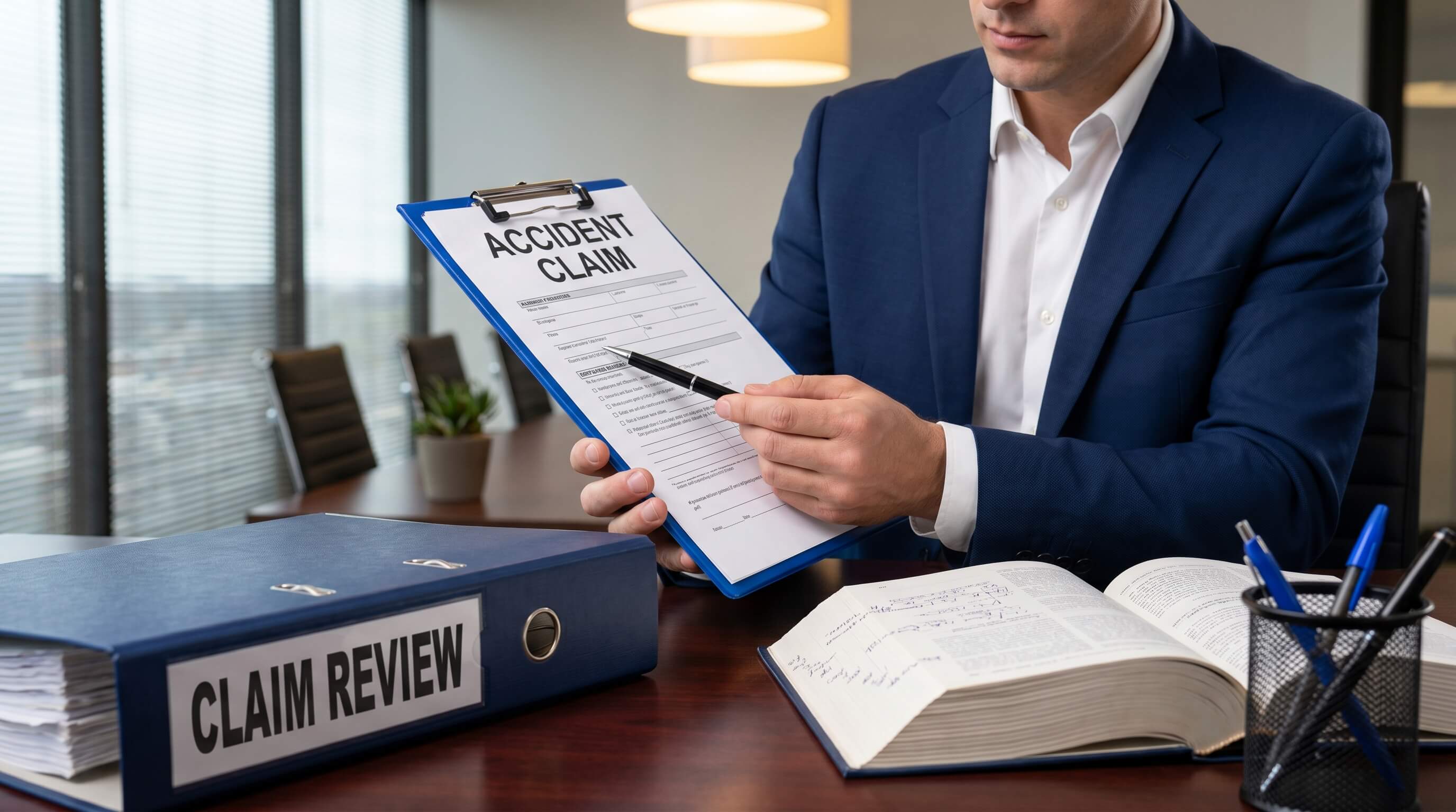Lawyer reviewing accident claim paperwork and documentation for injury settlement.