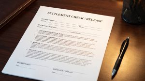 Settlement check and release form with pen, illustrating early settlement offers and potential pitfalls.