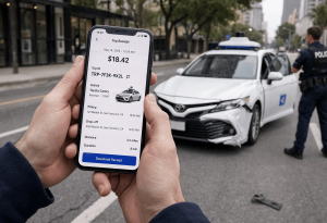 A person holds a smartphone displaying a robotaxi trip receipt for $18.42, with a damaged autonomous Toyota Camry and a police officer visible in the background.