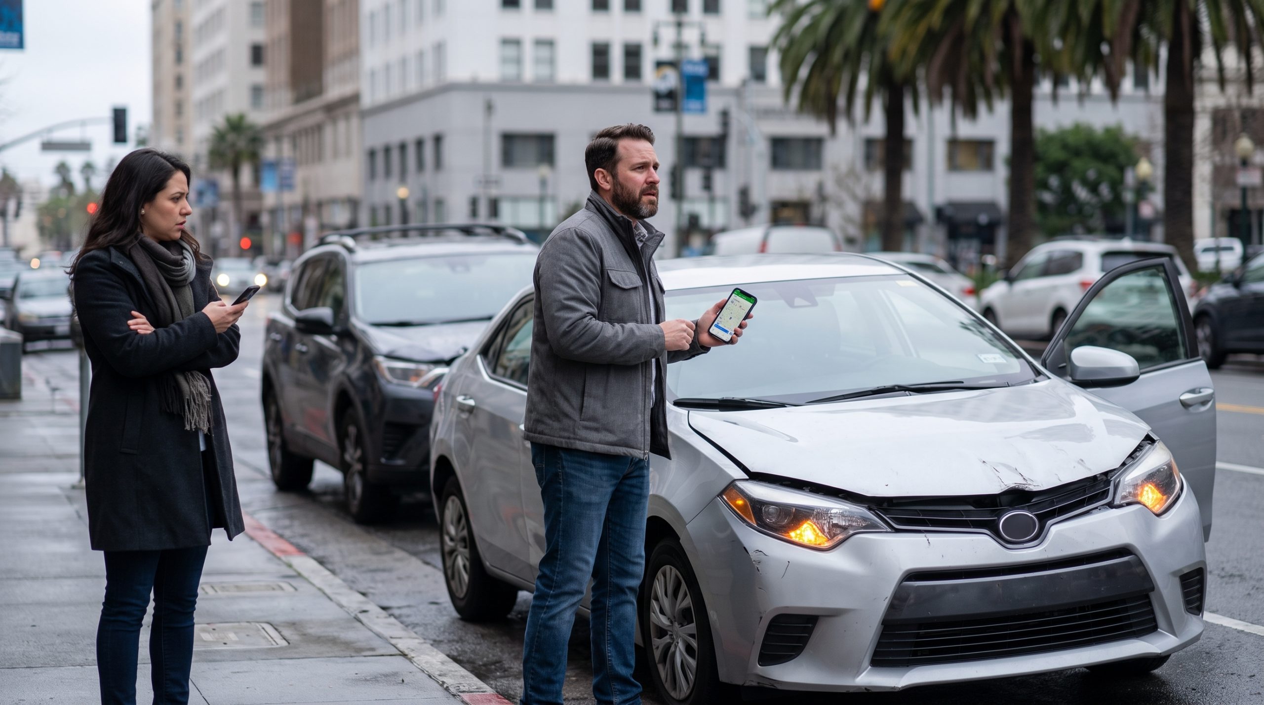 Two people stand on a city street next to two damaged cars after a collision, both holding smartphones, with a visibly crumpled front bumper on the silver sedan in the foreground.