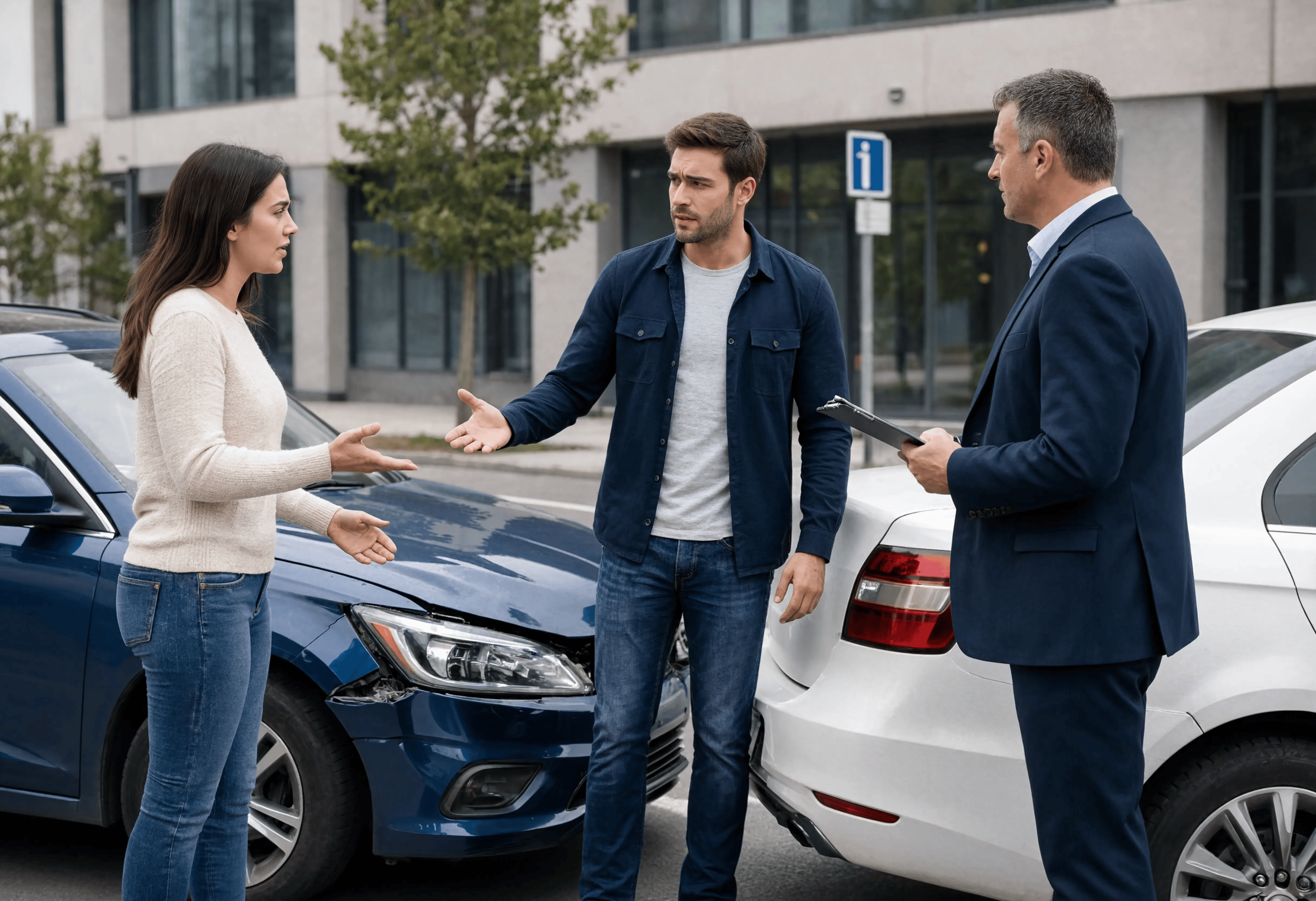 Two drivers gesture and argue in front of a rear-end collision between a blue and white car, while a man in a suit holding a clipboard looks on.