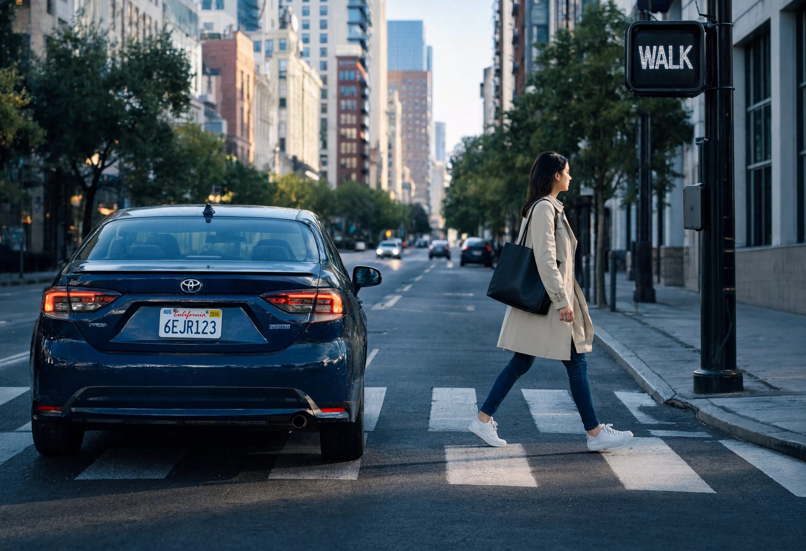 A woman with a tote bag crosses a city street at a marked crosswalk while a Toyota hybrid sedan yields, with a lit 'Walk' signal visible.