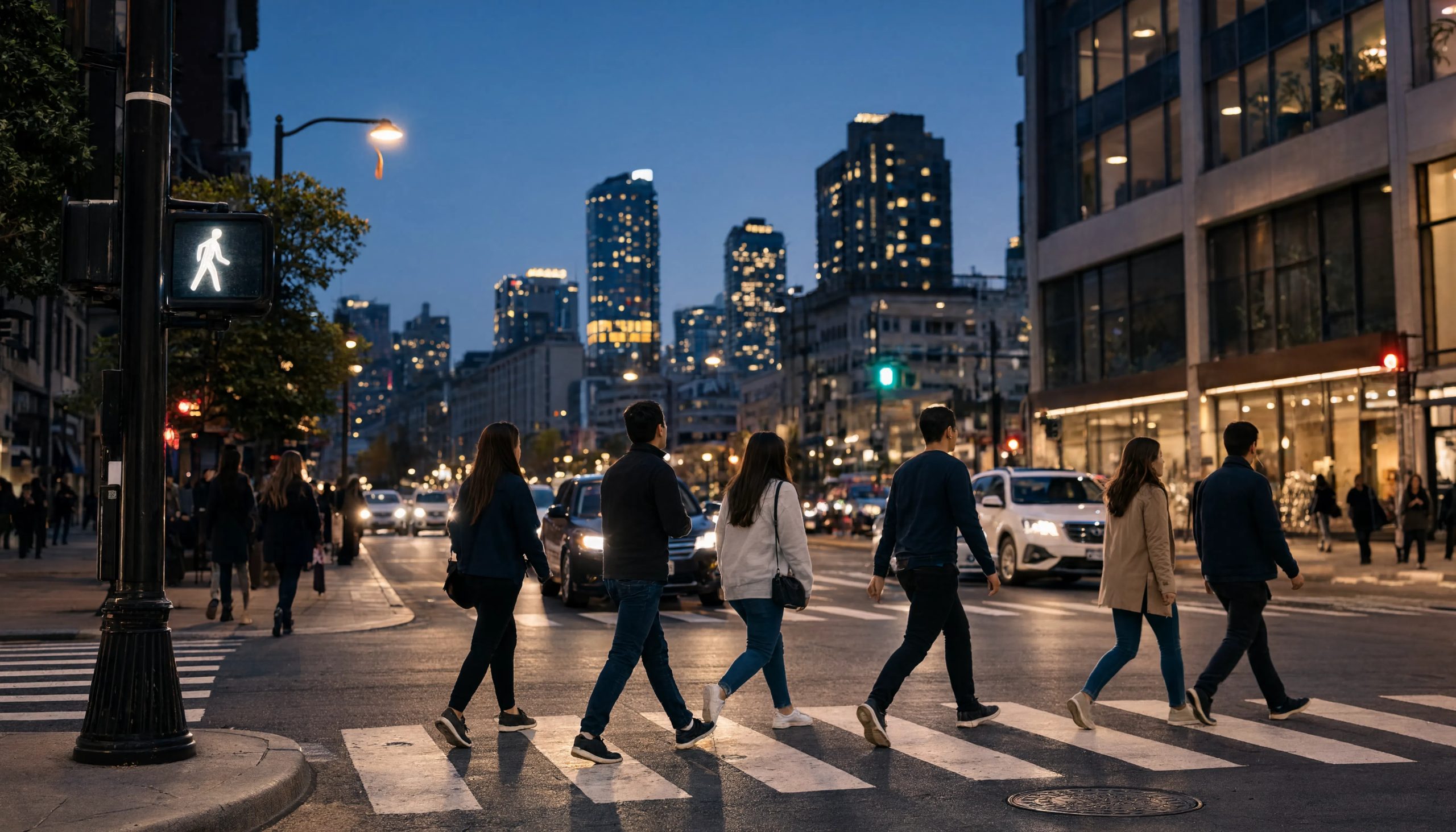 A group of pedestrians crosses a busy urban intersection at dusk, with a lit walk signal, city traffic, and a glowing downtown skyline in the background.