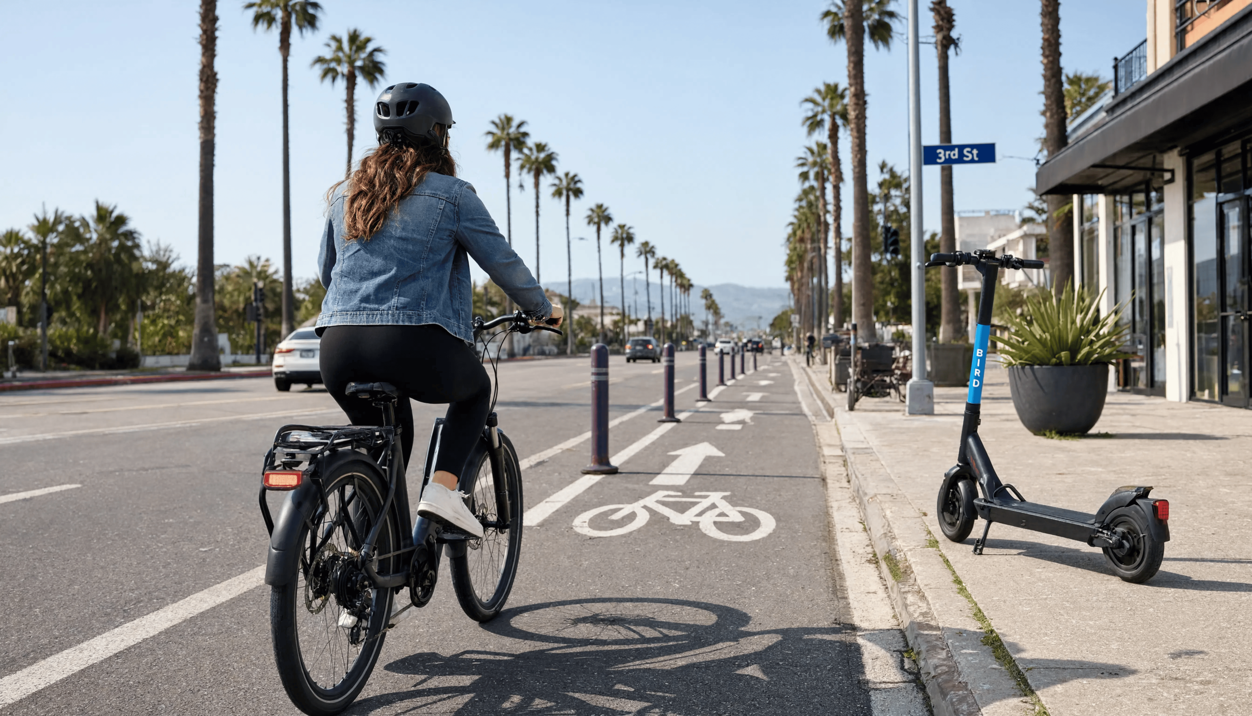 A woman in a helmet and denim jacket rides an e-bike in a dedicated bike lane along a palm-lined boulevard, with a Bird scooter parked on the sidewalk near 3rd Street.