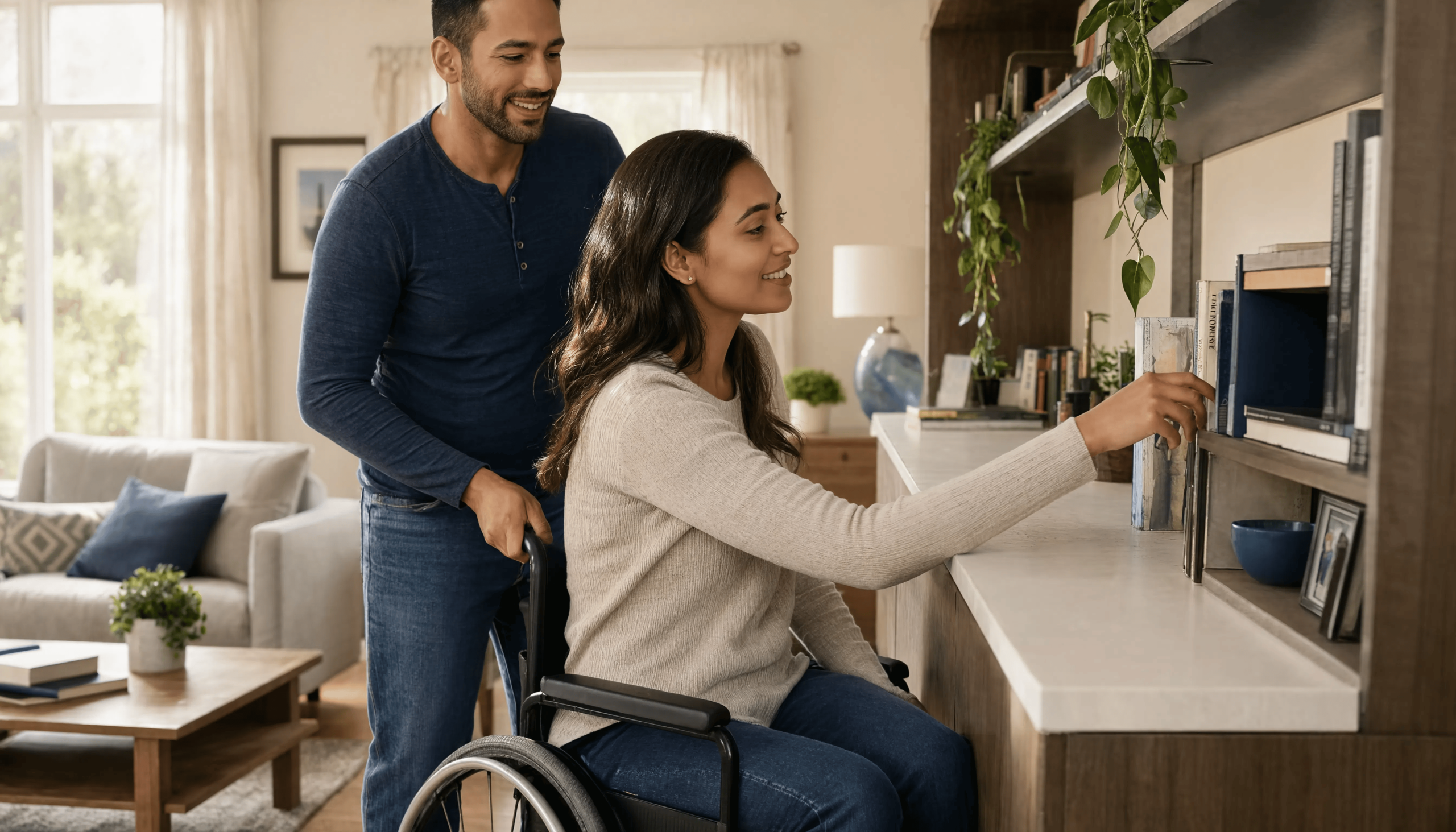 A smiling woman in a wheelchair reaches for a book on a shelf while a man stands supportively behind her in a bright, accessible living room.
