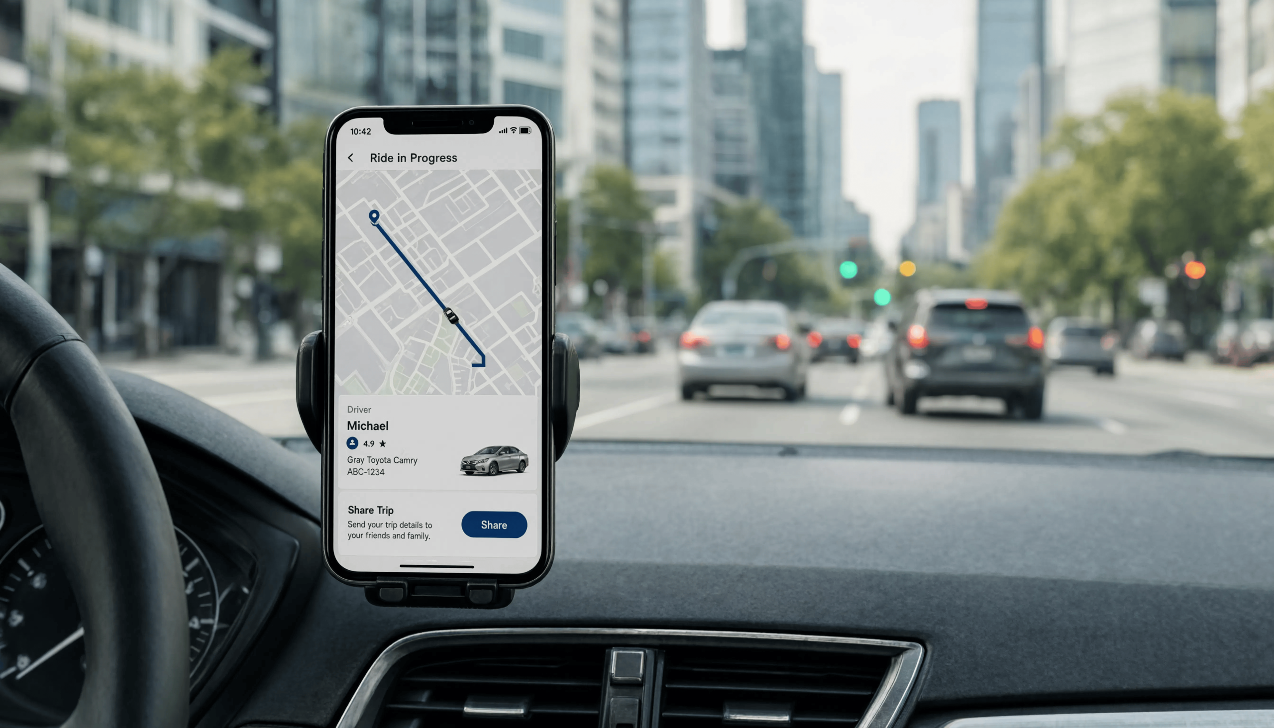 A rideshare app mounted on a car dashboard displays an active 'Ride in Progress' screen with a route map and driver details, with city traffic visible through the windshield.