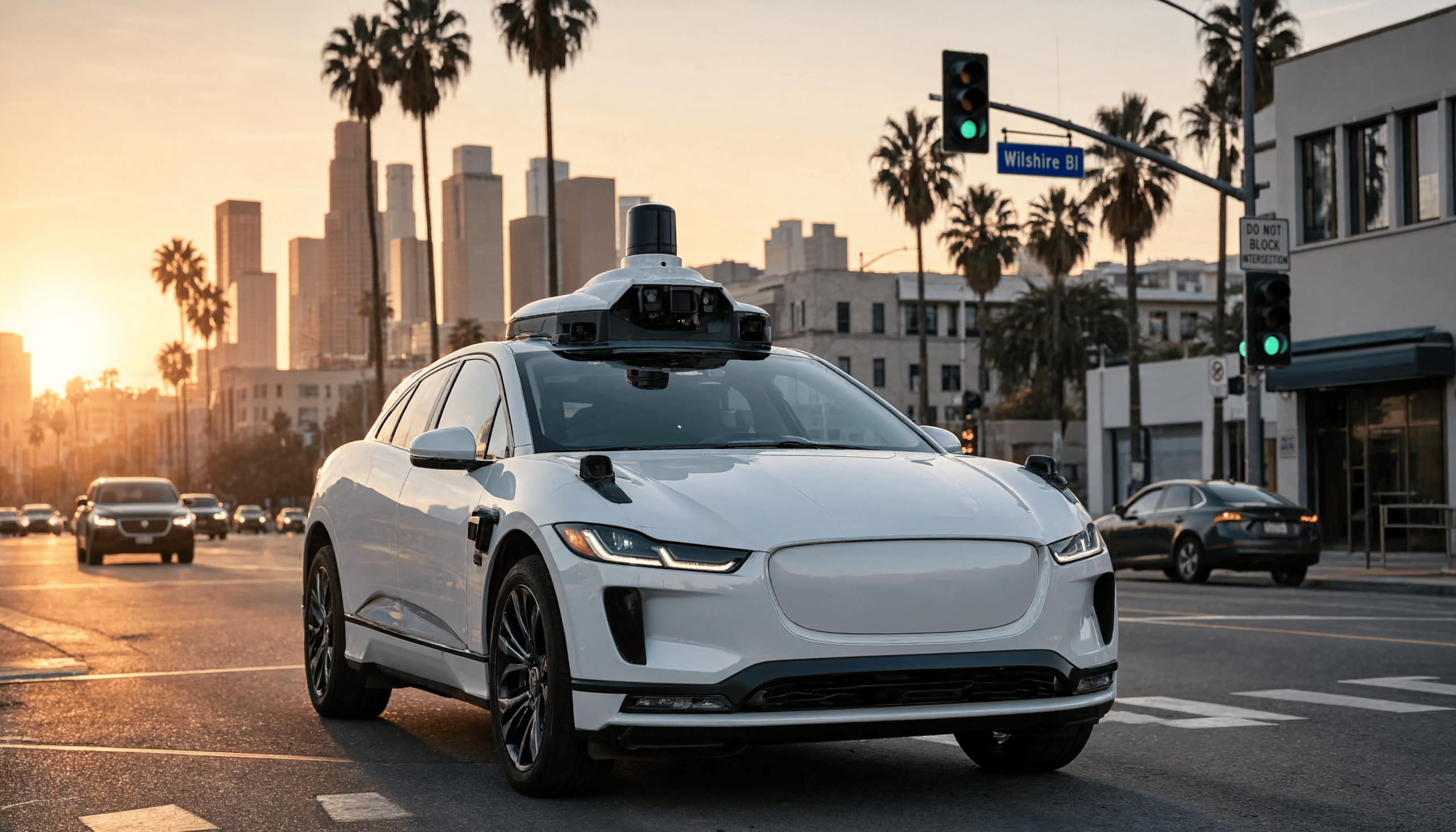 A white autonomous vehicle with a LiDAR sensor array on the roof navigates a Wilshire Boulevard intersection at golden hour, with palm trees and a city skyline in the background.