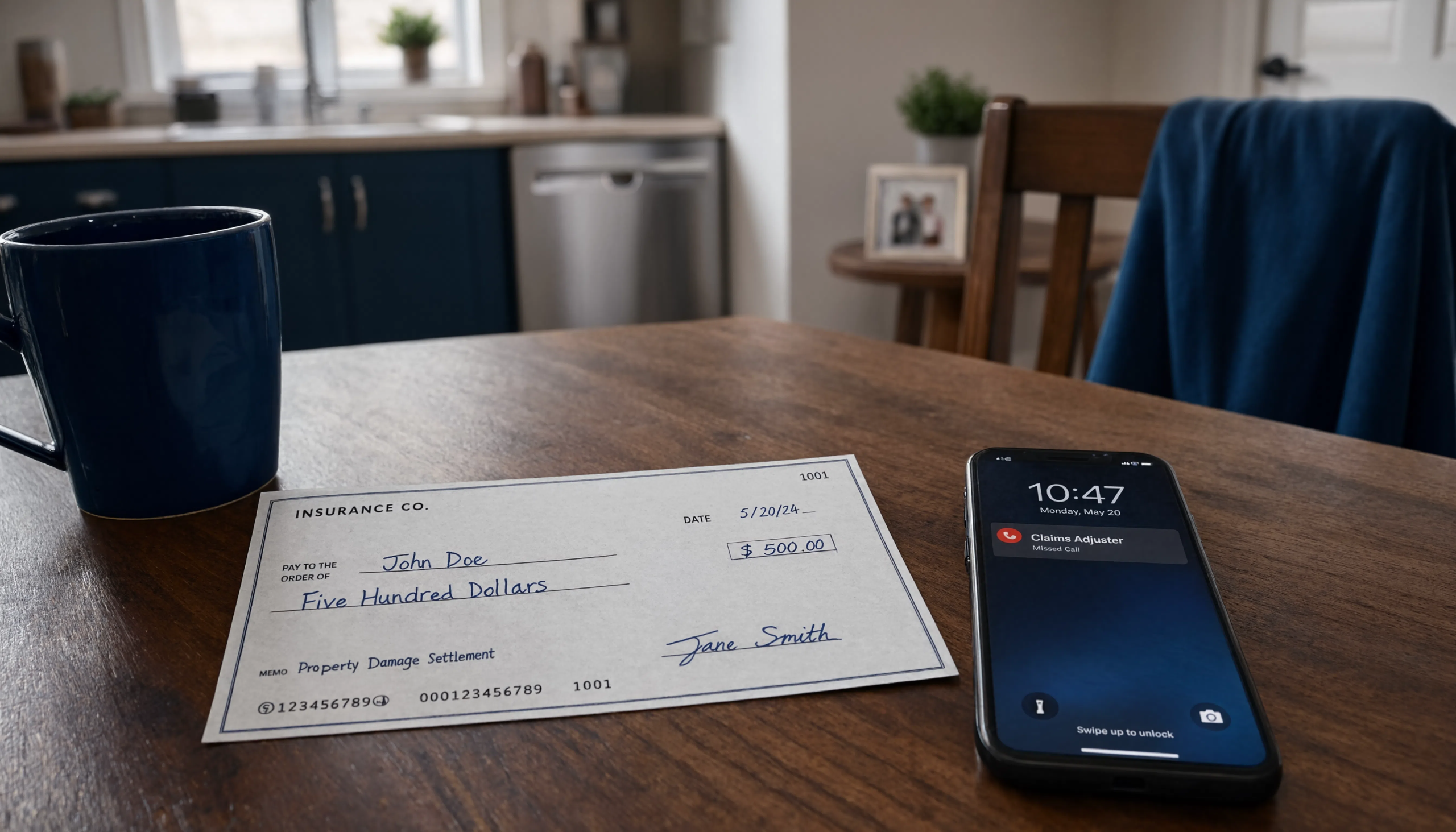 A $500 insurance settlement check made out for 'Property Damage Settlement' sits on a kitchen table beside a phone showing a missed call from a Claims Adjuster.
