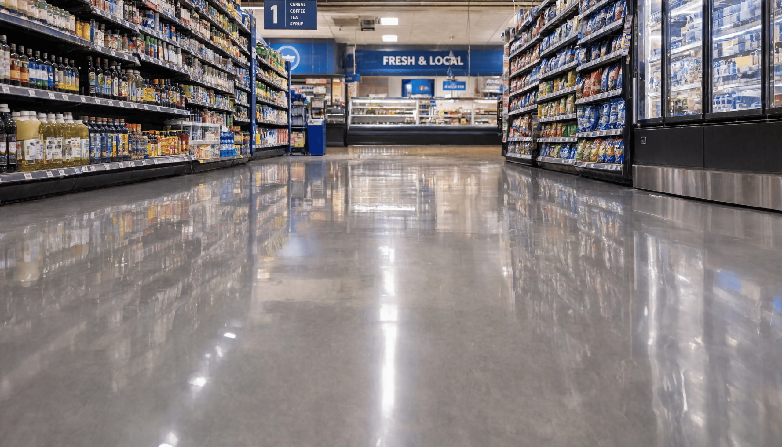A ground-level view of a wet, reflective grocery store aisle floor with no warning sign, lined with product shelves and a 'Fresh & Local' section visible in the background.
