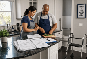A couple in aprons prepares food at a kitchen counter surrounded by medical bills and appointment paperwork, with a walker visible in the background.