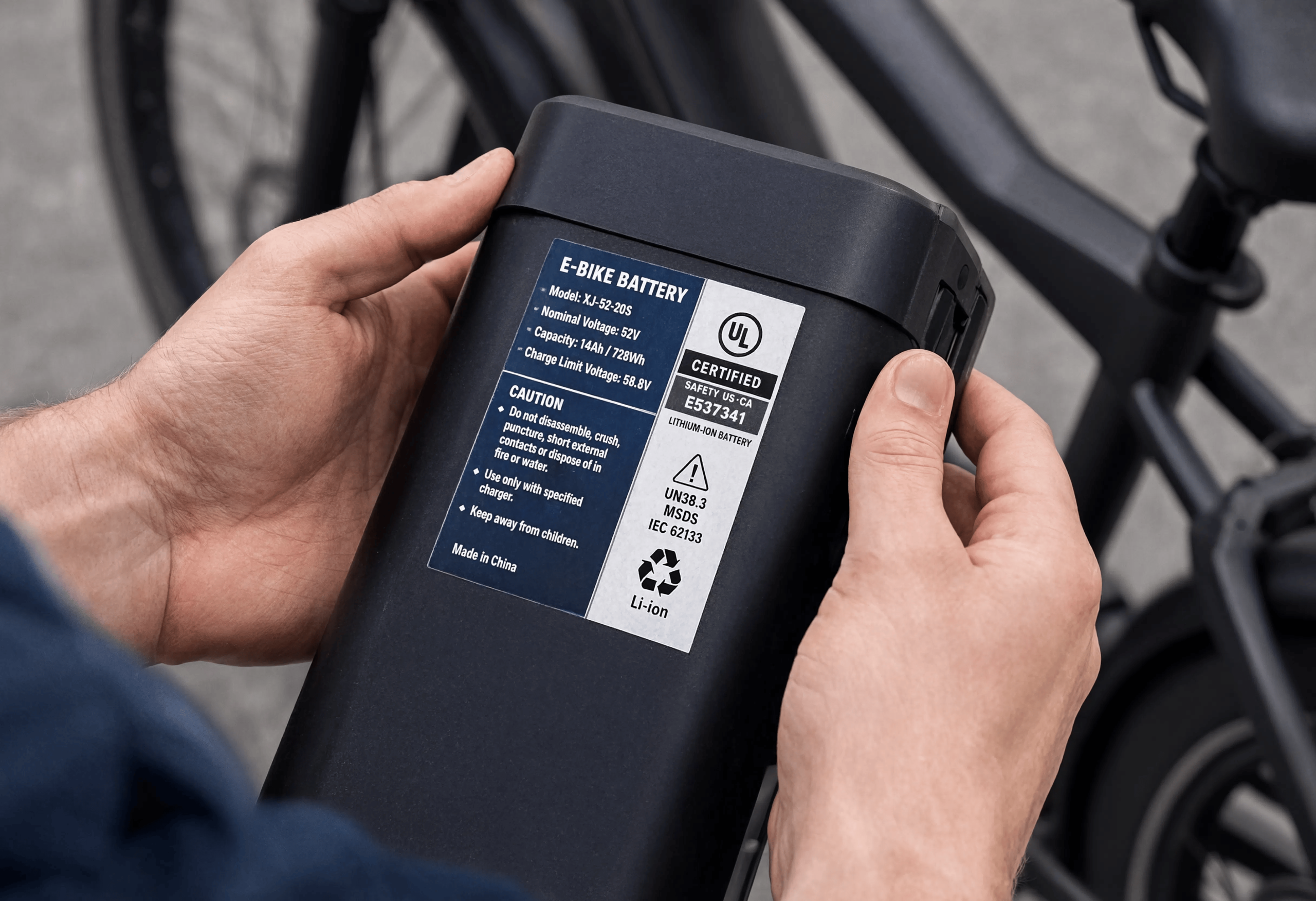 A person holds a UL-certified lithium-ion e-bike battery, showing a label with model specs, voltage, capacity, and safety certifications.