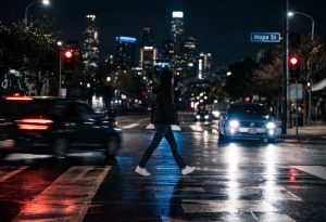 A woman in a dark jacket crosses a wet city crosswalk at night near Hope Street, surrounded by moving traffic and a lit downtown skyline reflected on the pavement.