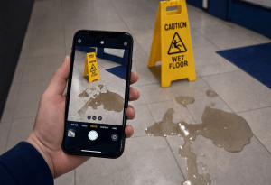 A person photographs a liquid spill on a tiled floor with a smartphone, with a yellow 'Caution - Wet Floor' sign visible in the background.