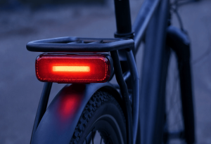 Close-up of a glowing red rear safety light mounted on an e-bike rack, photographed at dusk.