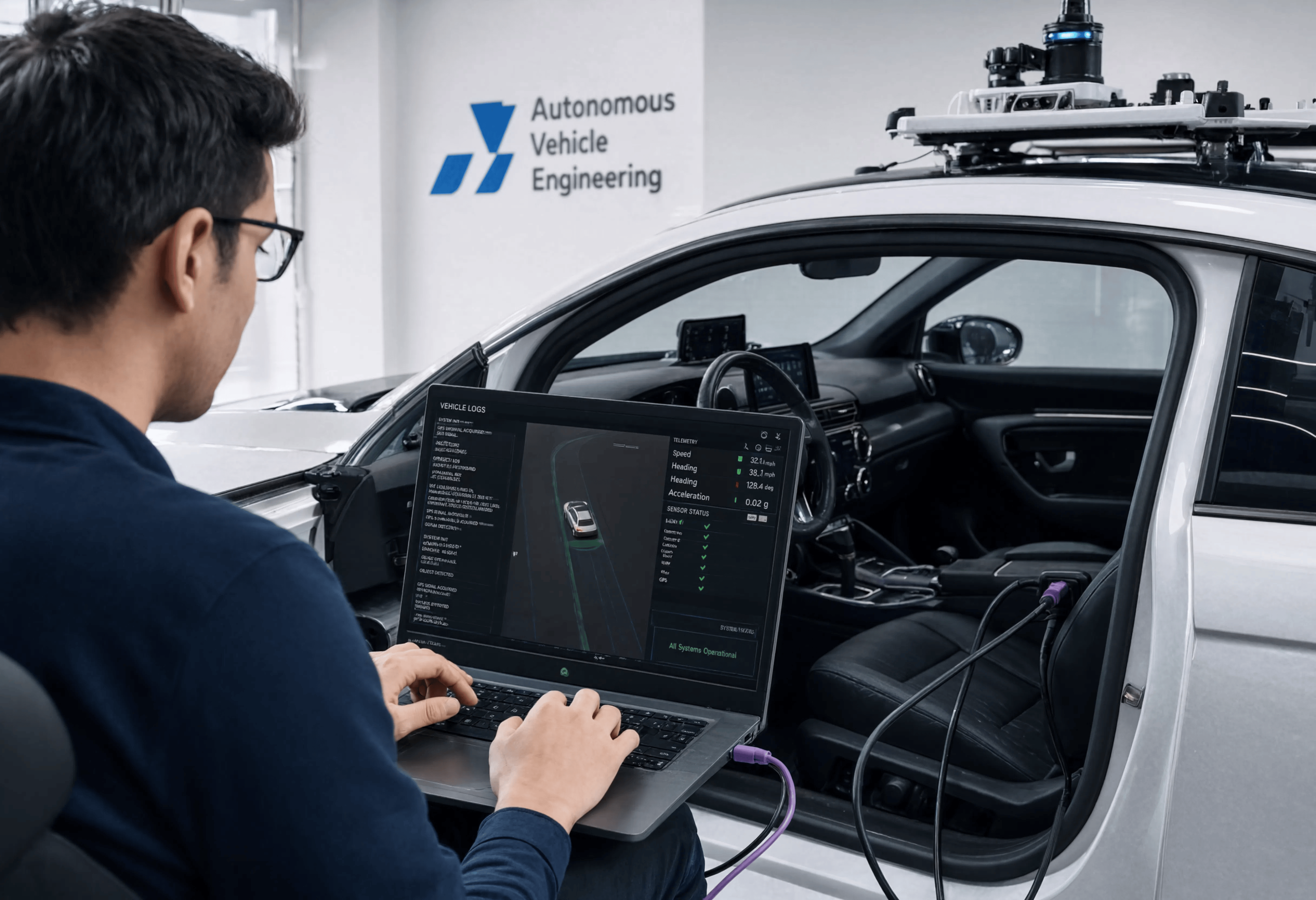 An engineer reviews vehicle logs and telemetry data on a laptop connected to an autonomous vehicle equipped with roof-mounted sensors, inside an Autonomous Vehicle Engineering facility.