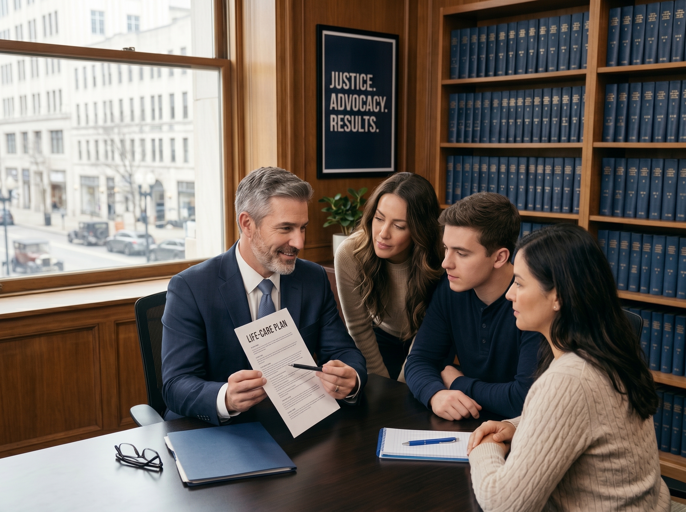An attorney presents a Life-Care Plan document to three clients in a law office lined with legal books, with a 'Justice. Advocacy. Results.' sign on the wall.