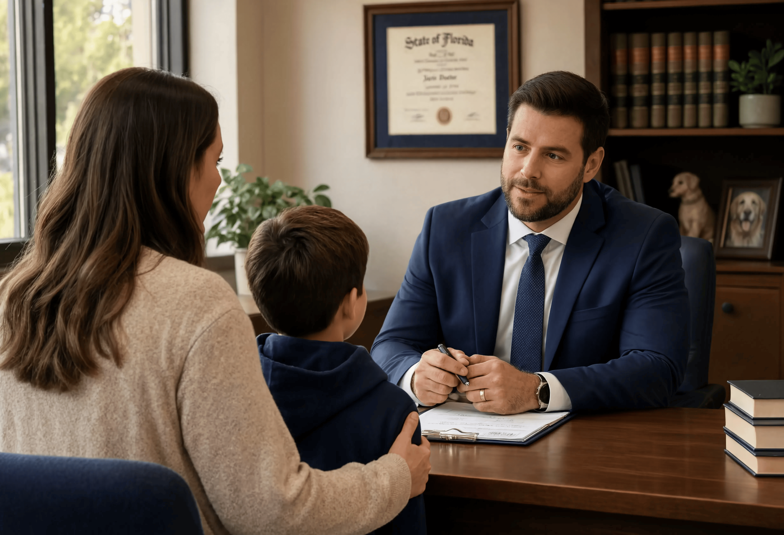 A male attorney in a suit consults with a mother and young boy across a desk in his Florida-licensed law office, with law books and a dog figurine visible on the shelves.