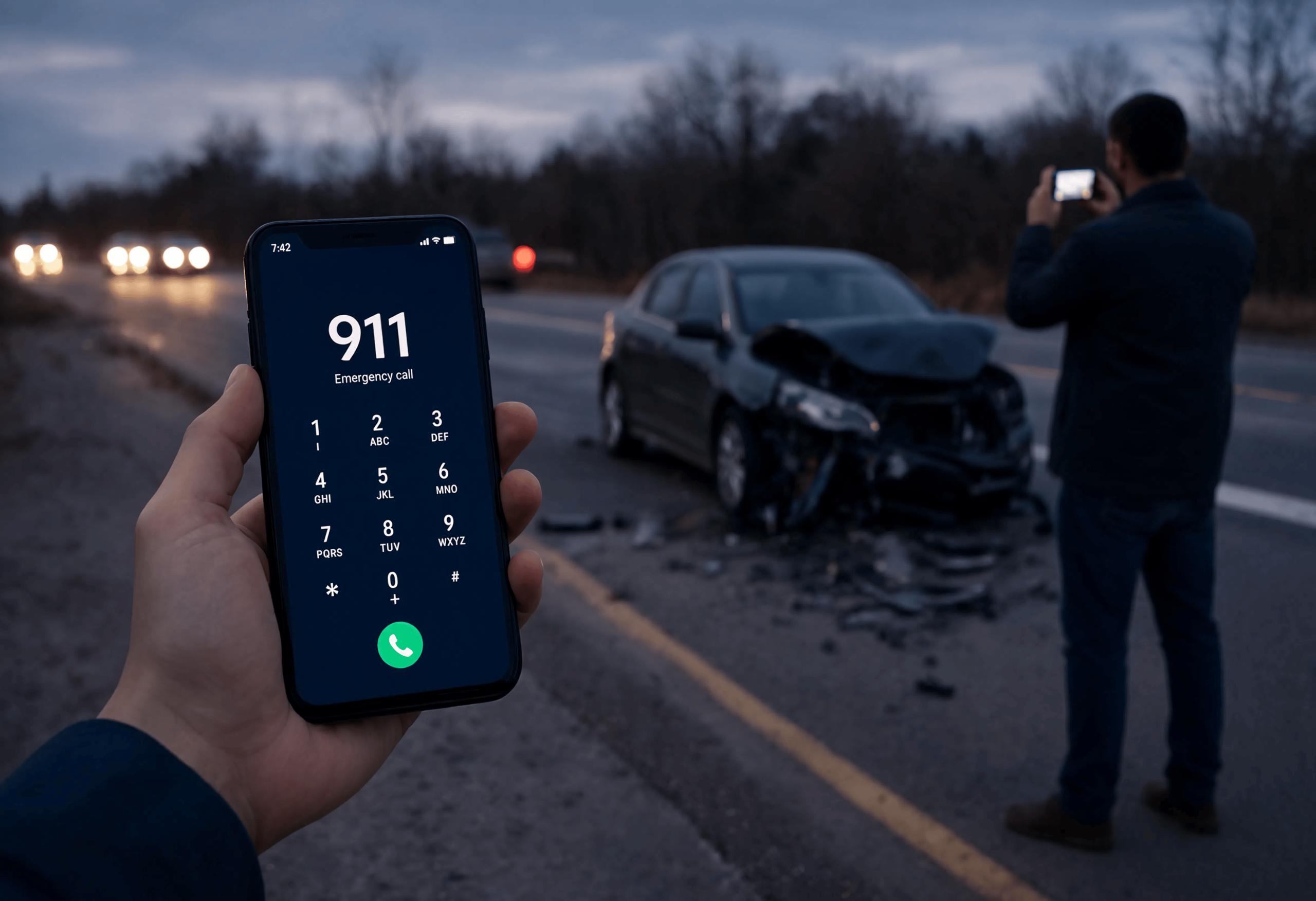 A hand holds a smartphone dialing 911 at dusk, with a severely damaged car and a man photographing the wreckage visible in the background.