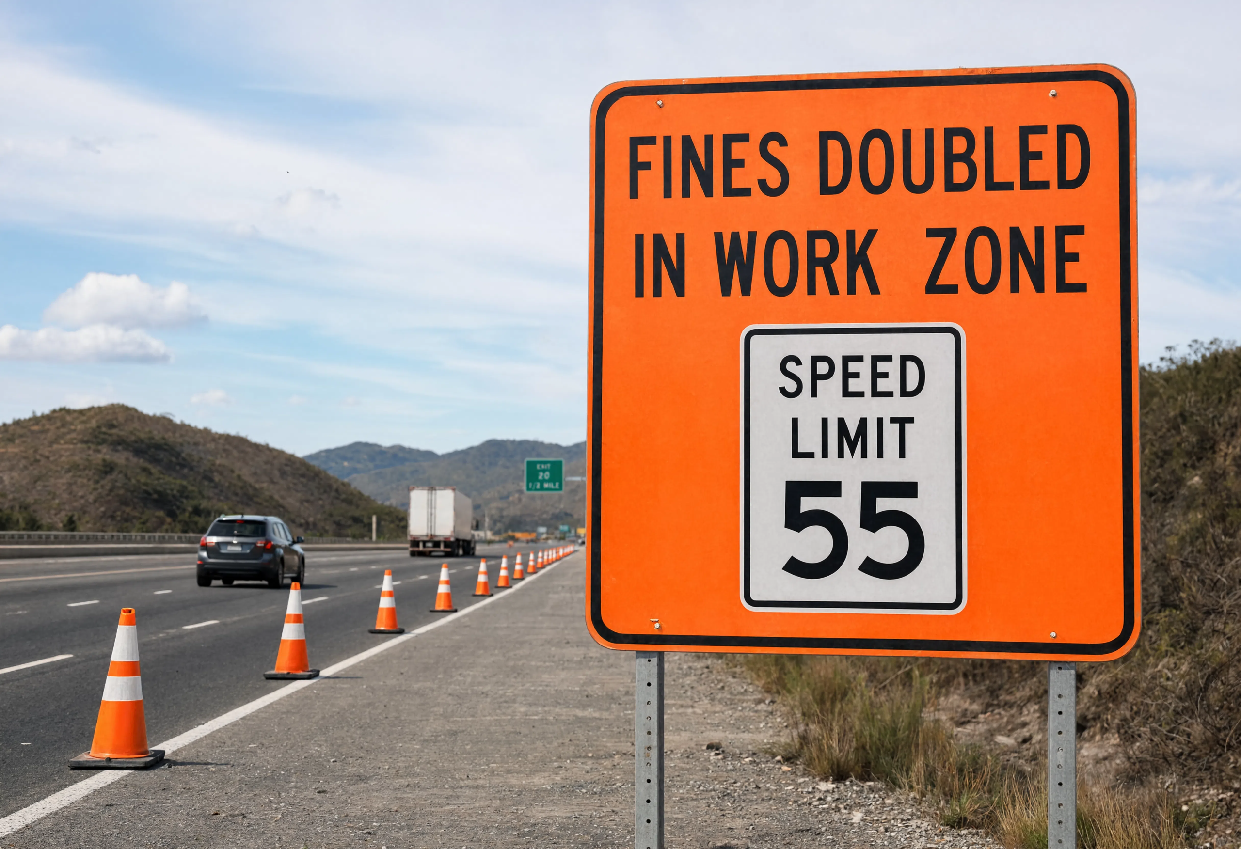 An orange highway sign reading 'Fines Doubled in Work Zone - Speed Limit 55,' posted alongside traffic cones on a mountain freeway.