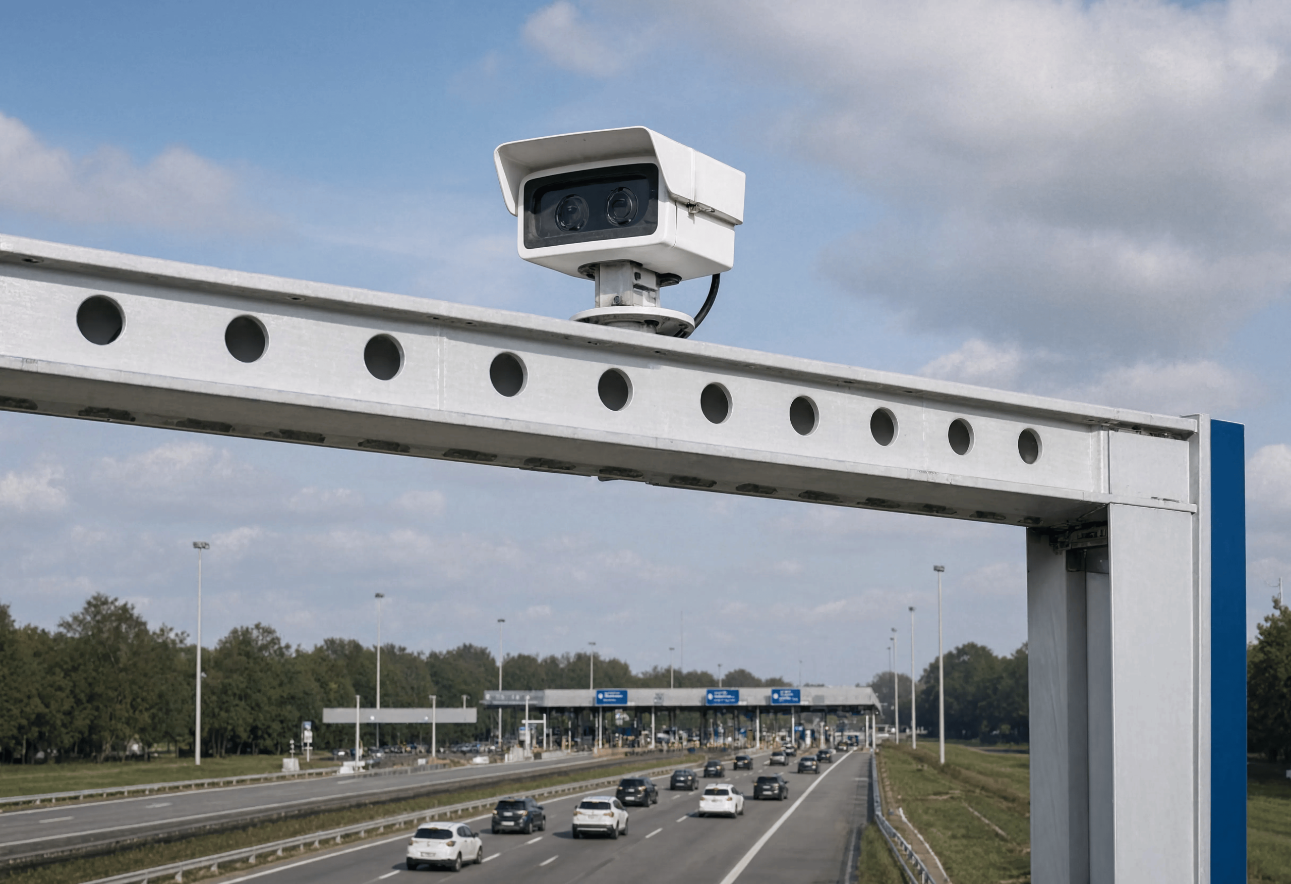 Traffic surveillance camera mounted on a highway gantry above cars approaching a toll plaza