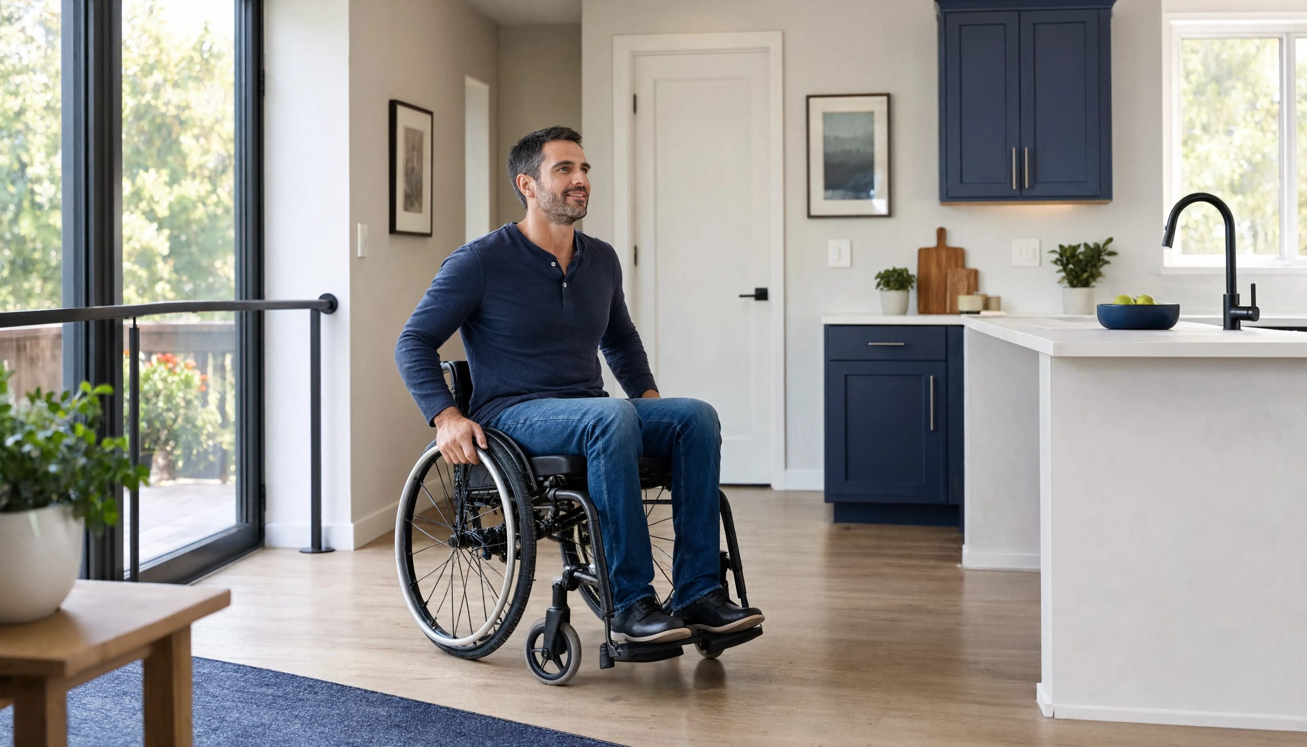 A man in a wheelchair navigates independently through an open-plan, wheelchair-accessible home with wide doorways, hardwood floors, and an accessible kitchen.