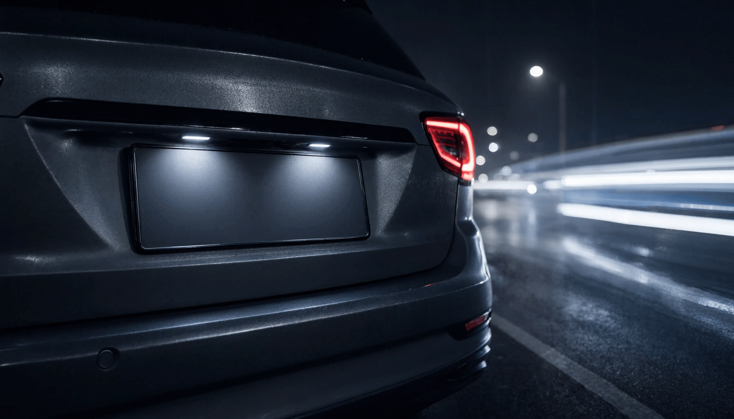 Close-up of a dark car's blank rear license plate at night with blurred light trails from passing traffic