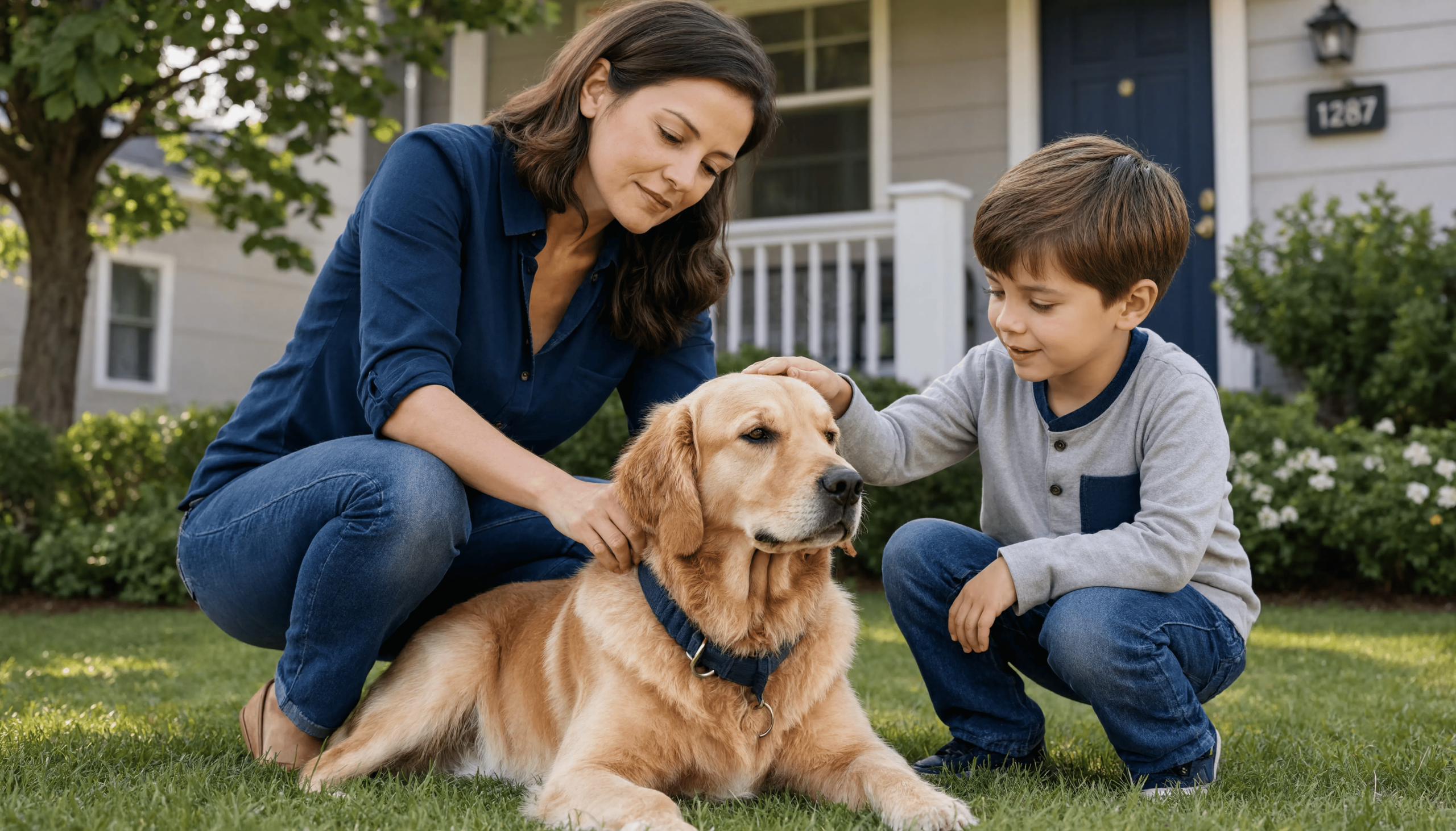 A woman and a young boy kneel on a front lawn, both petting a leashed golden retriever, with a suburban home in the background.