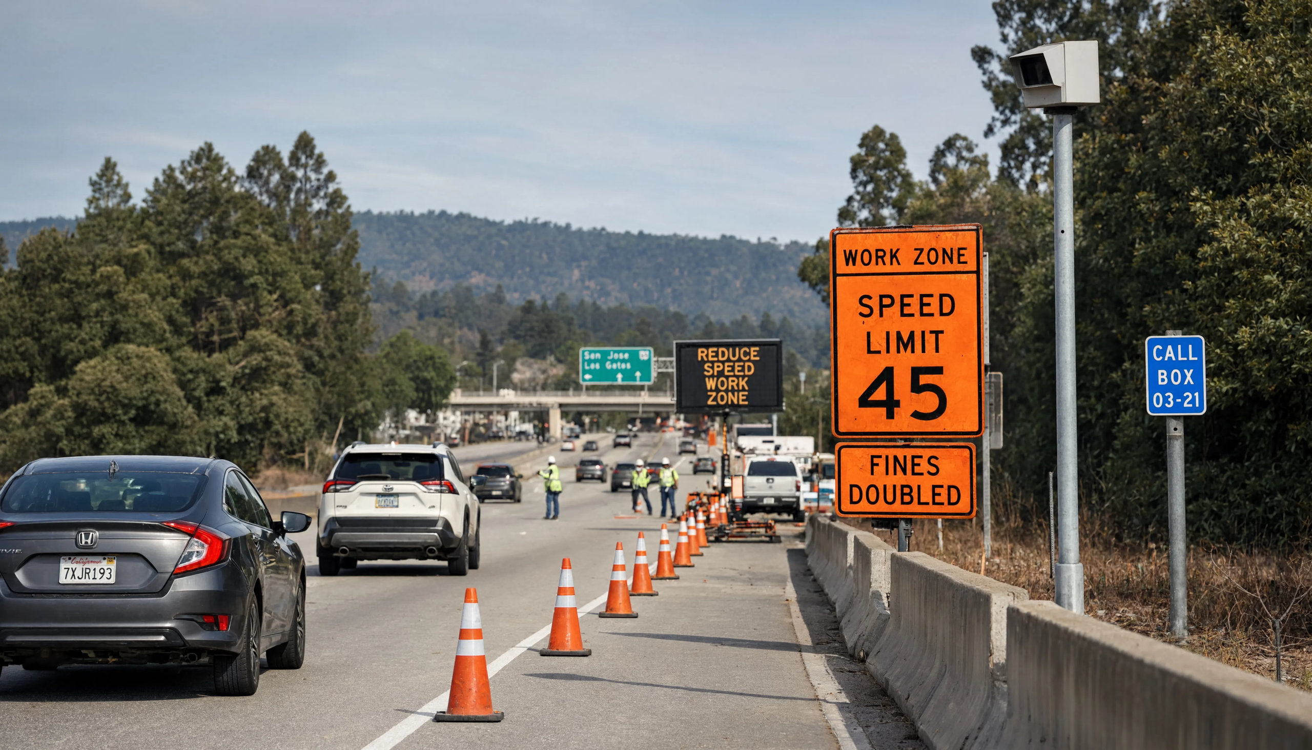 A California highway work zone with orange signs showing 'Speed Limit 45 - Fines Doubled,' traffic cones, construction workers, a speed camera on a pole, and a 'Reduce Speed Work Zone' electronic message board ahead.