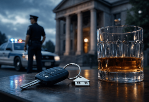 Car keys and a glass of whiskey on a table in the foreground, with a police officer and patrol car with flashing lights visible outside a courthouse in the background.