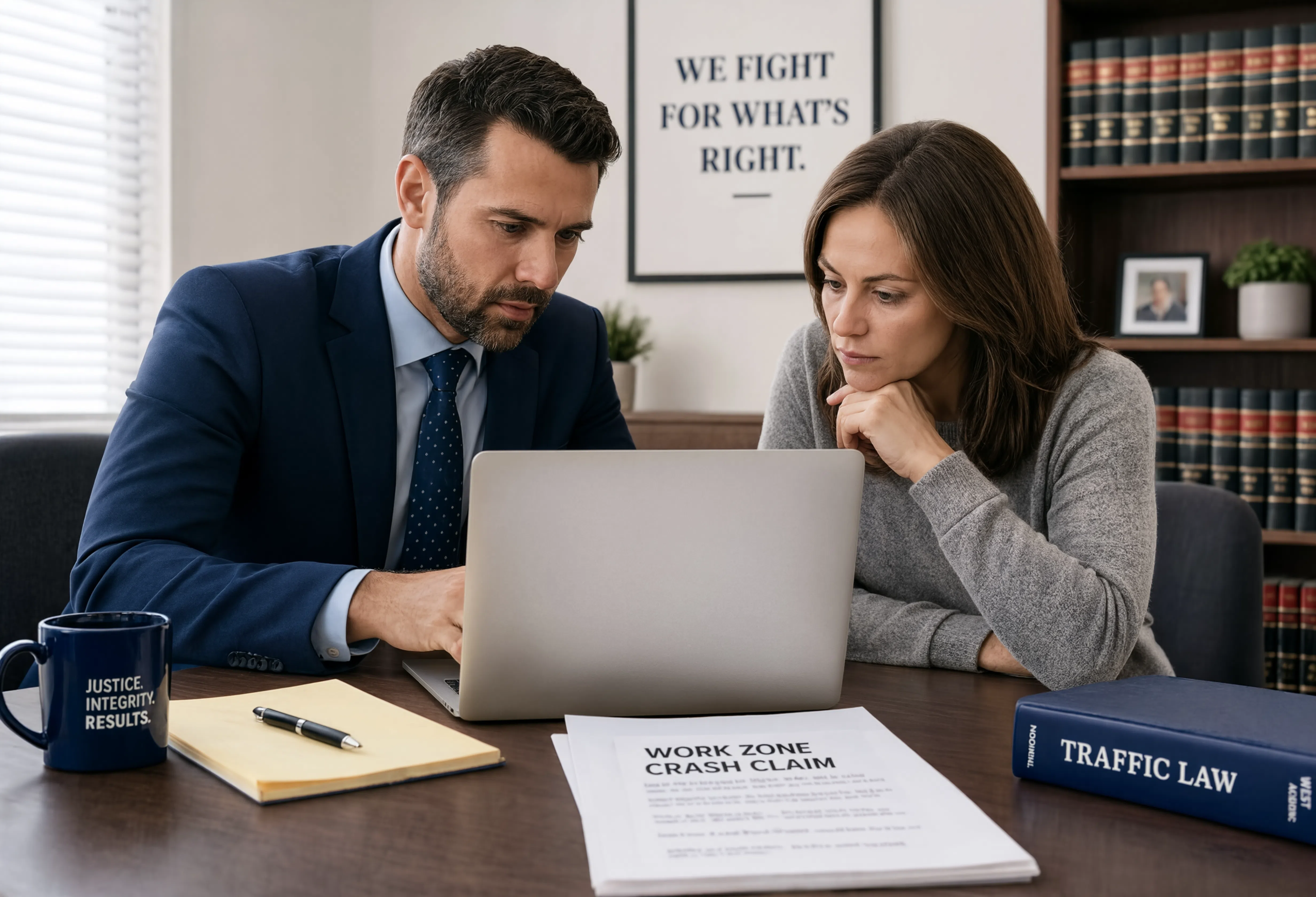 An attorney and a female client review a laptop together in a law office, with a 'Work Zone Crash Claim' document and a Traffic Law book on the desk.
