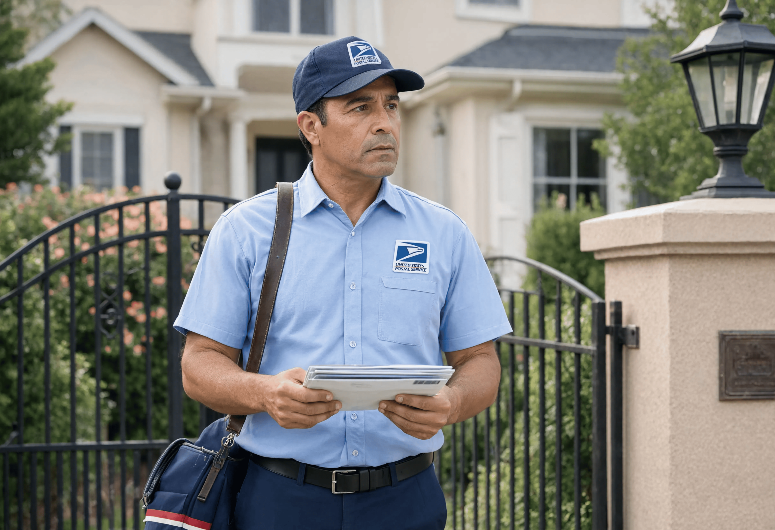 A USPS mail carrier holding envelopes stands cautiously at a residential iron gate, looking alert in front of a suburban home.