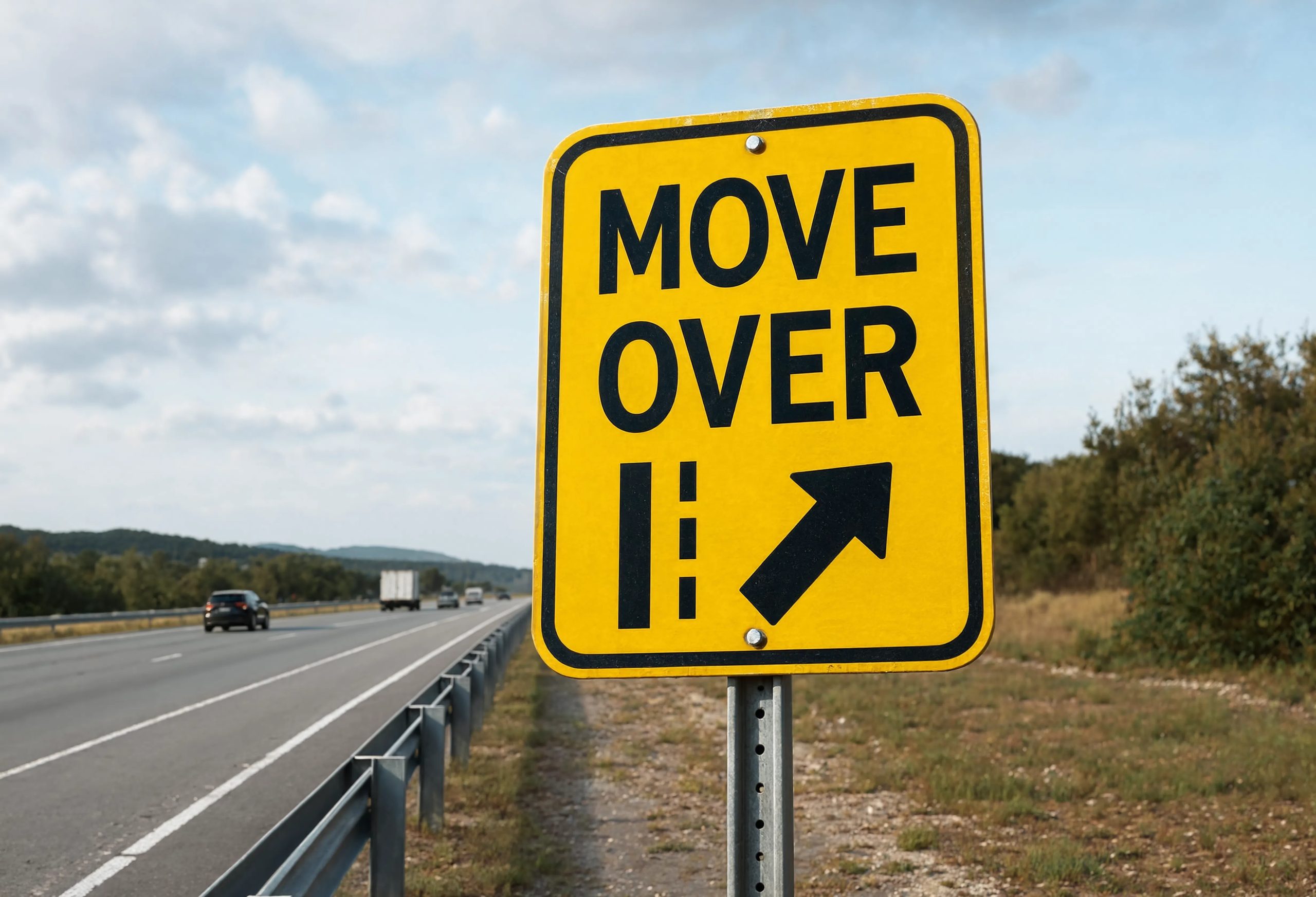 A yellow 'Move Over' warning sign with a lane-change arrow posted on the shoulder of a multi-lane highway.