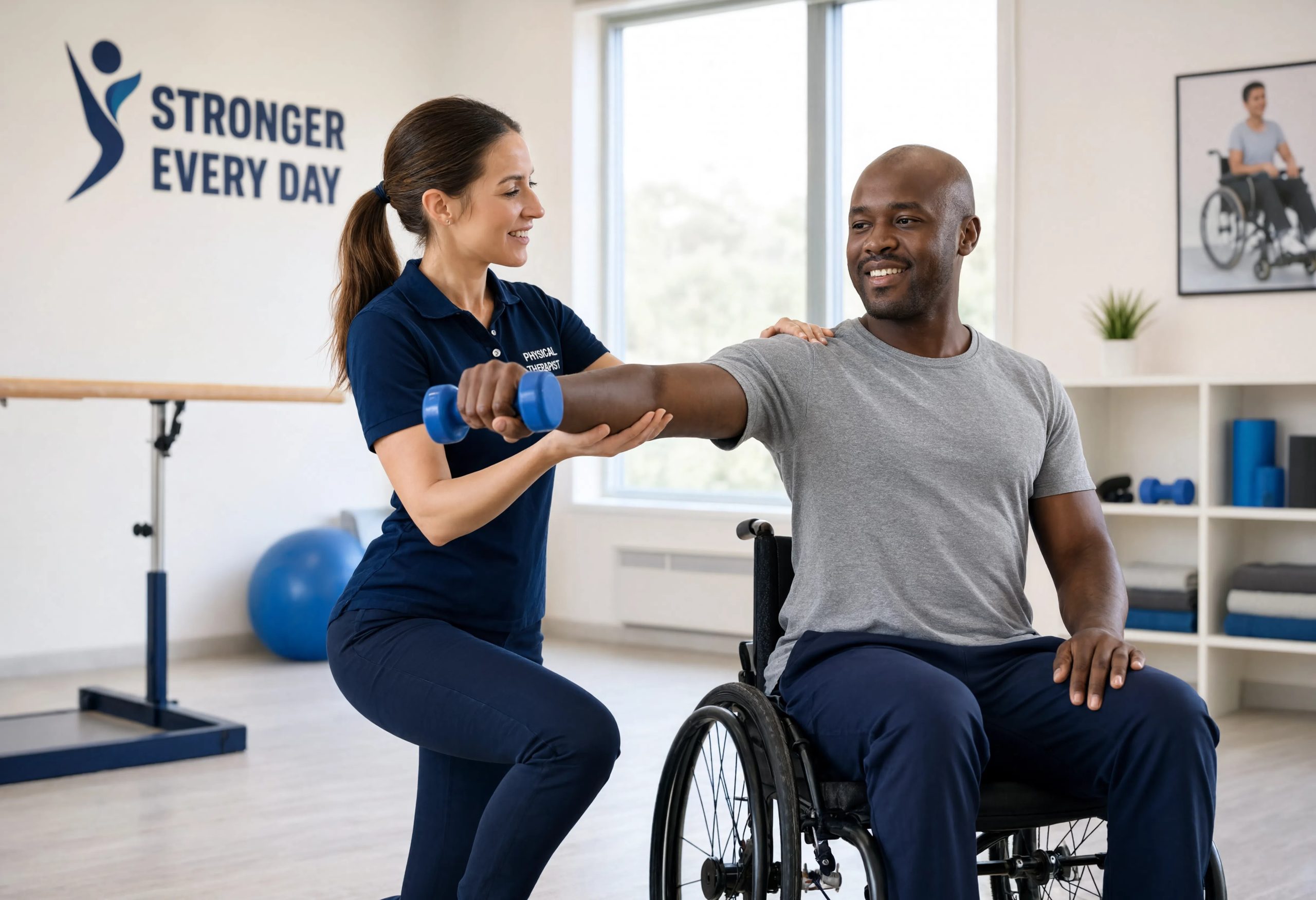 A smiling physical therapist assists a wheelchair user with a dumbbell arm exercise in a bright rehabilitation clinic with a 'Stronger Every Day' motto on the wall.