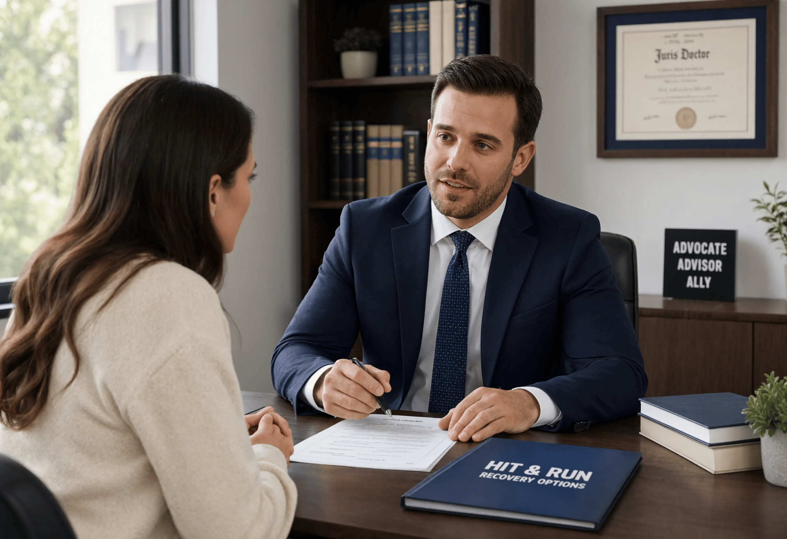 Attorney in a navy suit discussing a hit and run recovery options folder with a client across an office desk