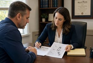 A female attorney reviews a police report and accident diagram with a male client across a desk in her law office, with a State of Florida certificate visible on the wall.