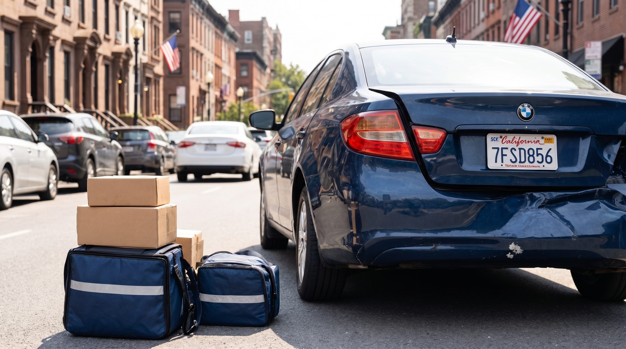 Delivery bags and packages on the street beside a dented blue car's damaged rear bumper