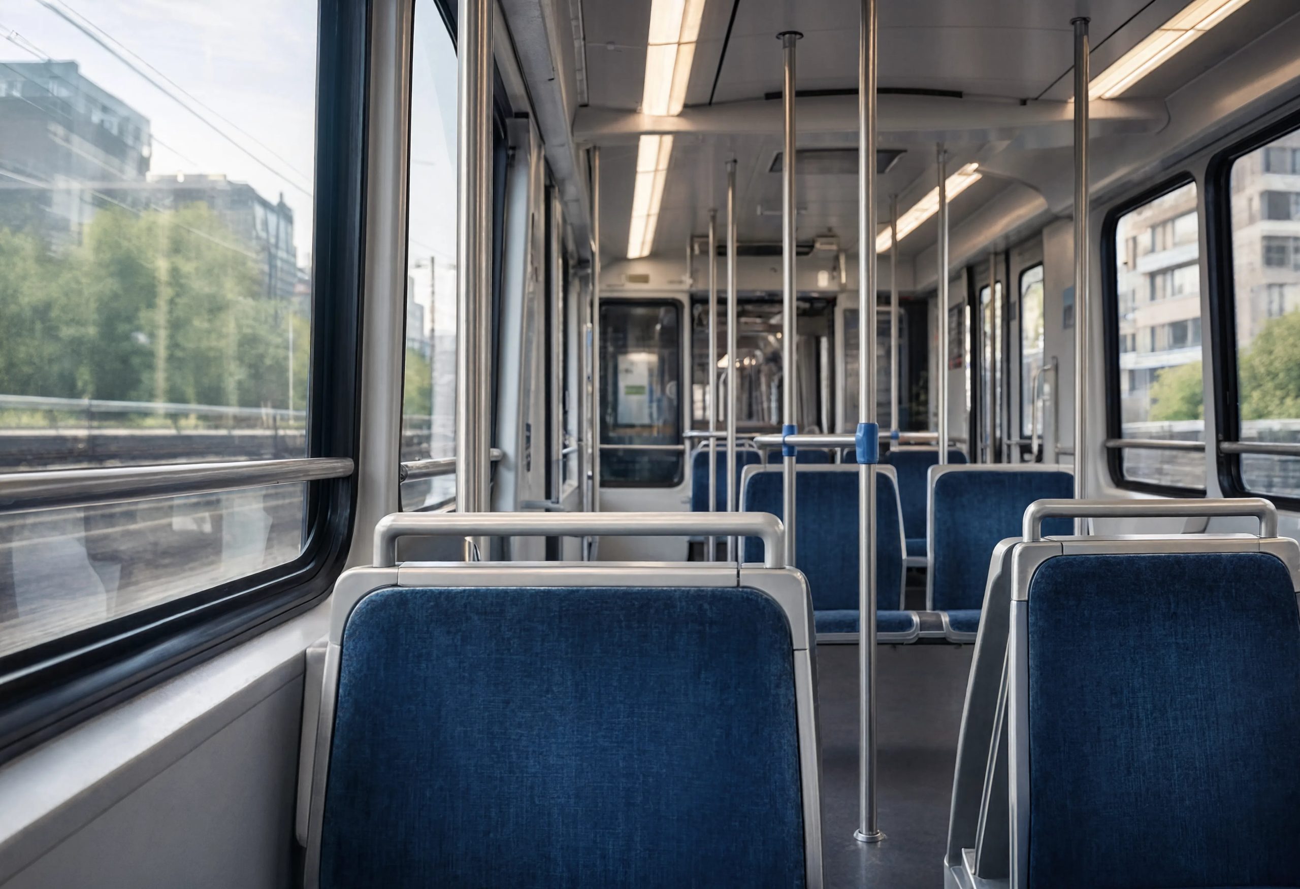 Empty bus interior with blue seats, metal poles, and windows looking out at the city