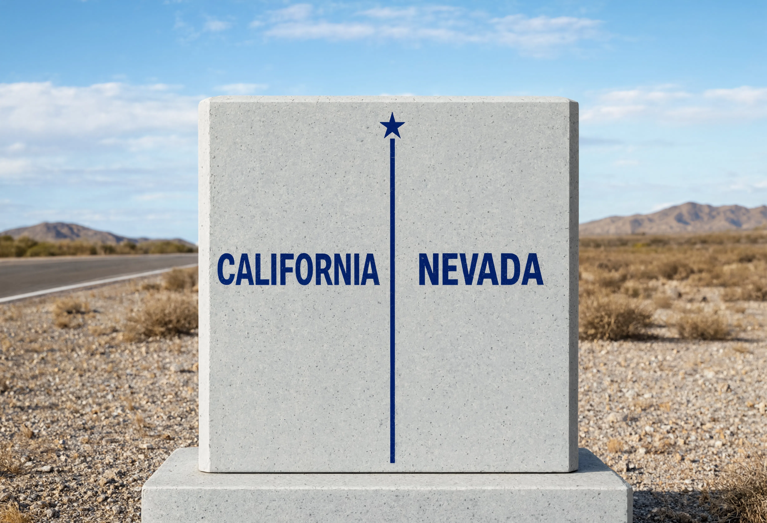 Stone marker in the desert reading California and Nevada, split by a line and star at the state border