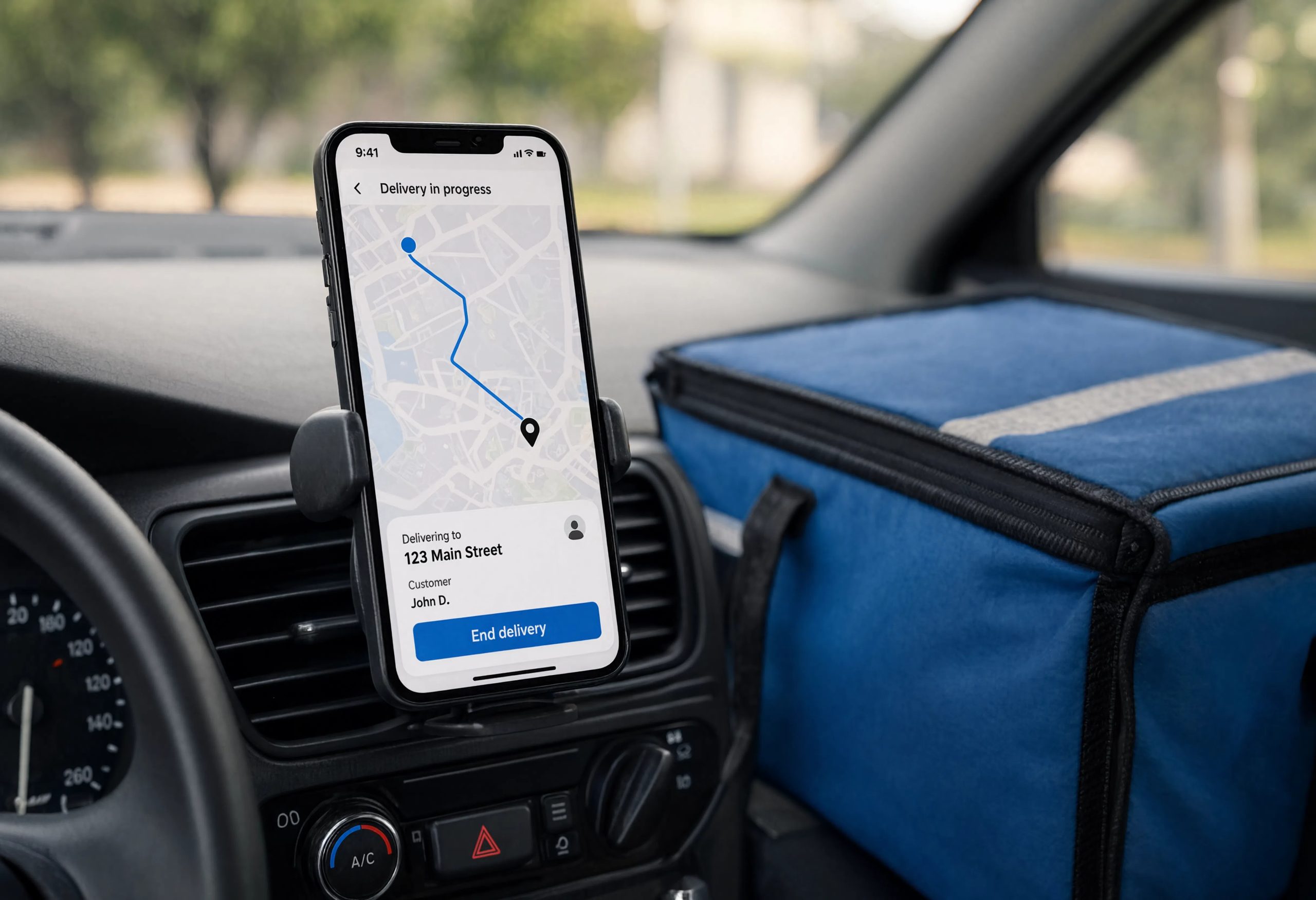 Phone mounted on a car dashboard showing a delivery app's in-progress route to 123 Main Street