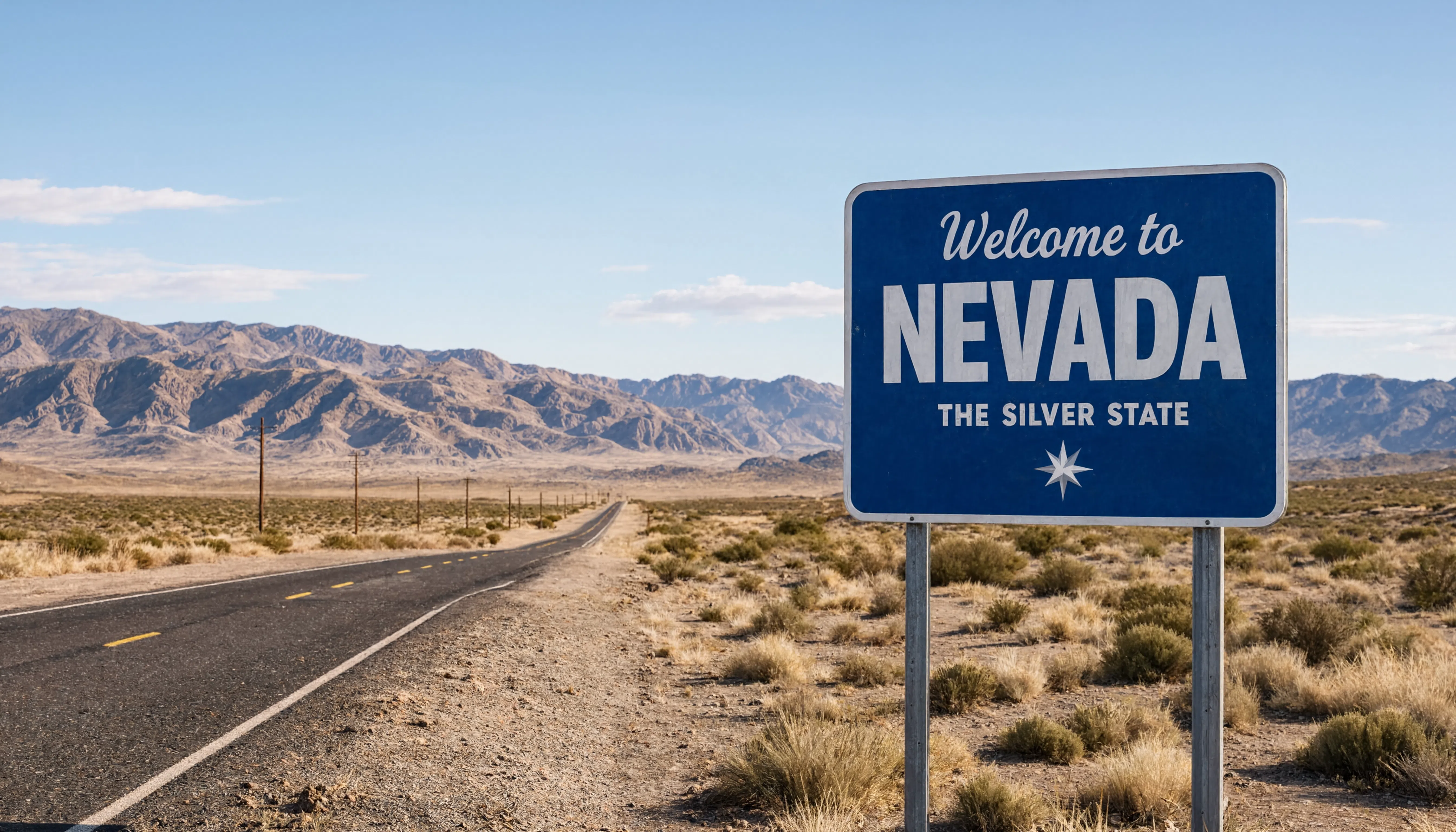 Welcome to Nevada, the Silver State road sign on a desert highway lined by distant mountains