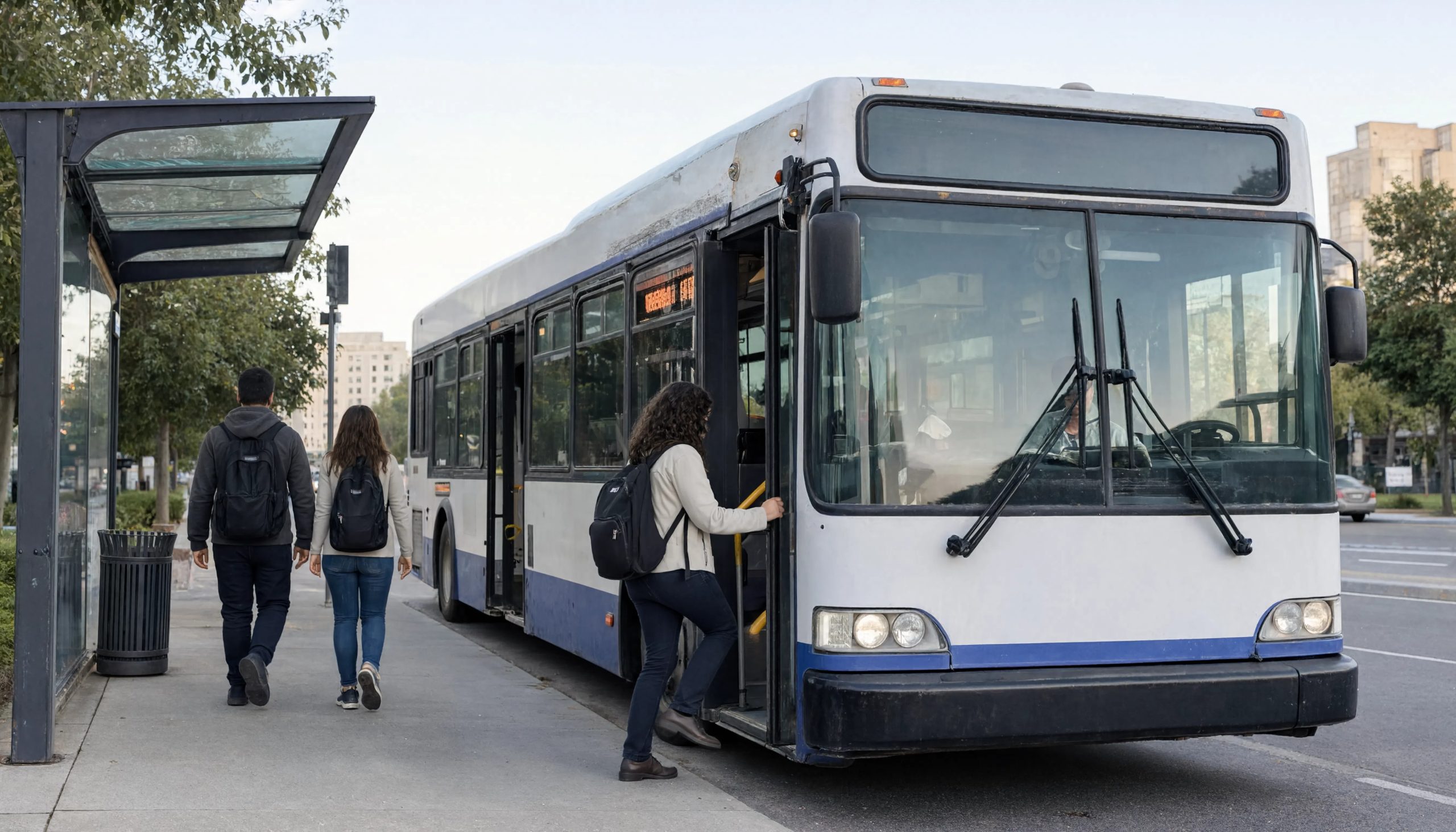 Passengers with backpacks boarding a city bus at a covered bus stop
